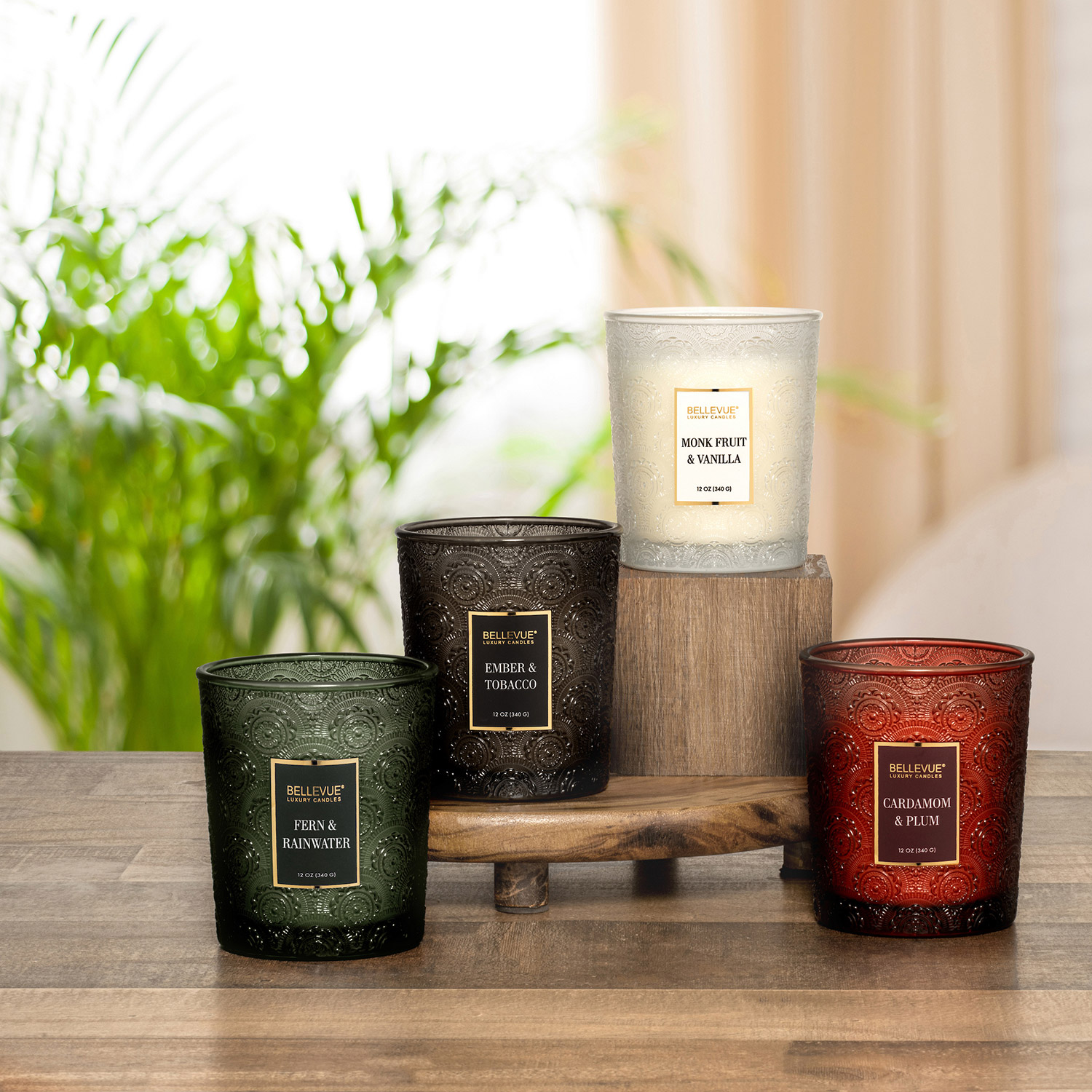 bellevue ember and tobacco candle Bellevue Embossed Glass 12 oz. Candle, 4-pack
