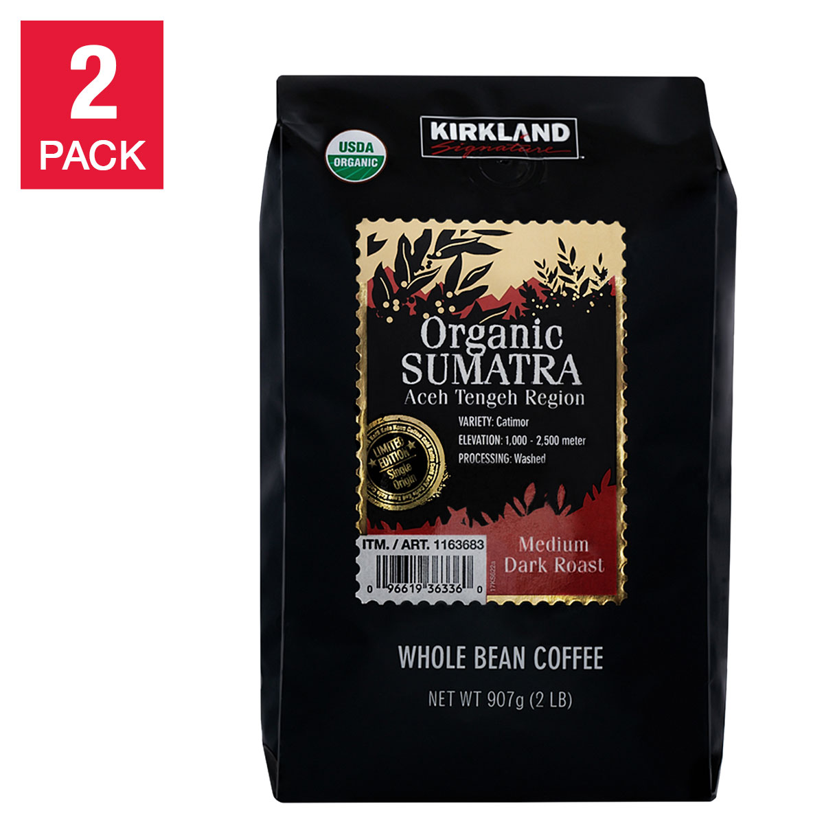 Kirkland Signature Organic Sumatra Whole Bean Coffee  2 lbs  2-pack