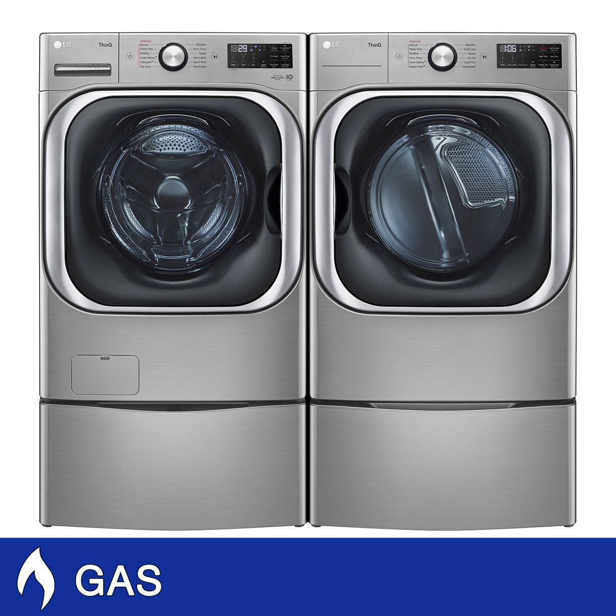 LG 5.2 cu. ft. Front Load Washer with TurboWash and 9.0 cu. ft. GAS Dryer with Built-In Intelligence with Storage Pedestals