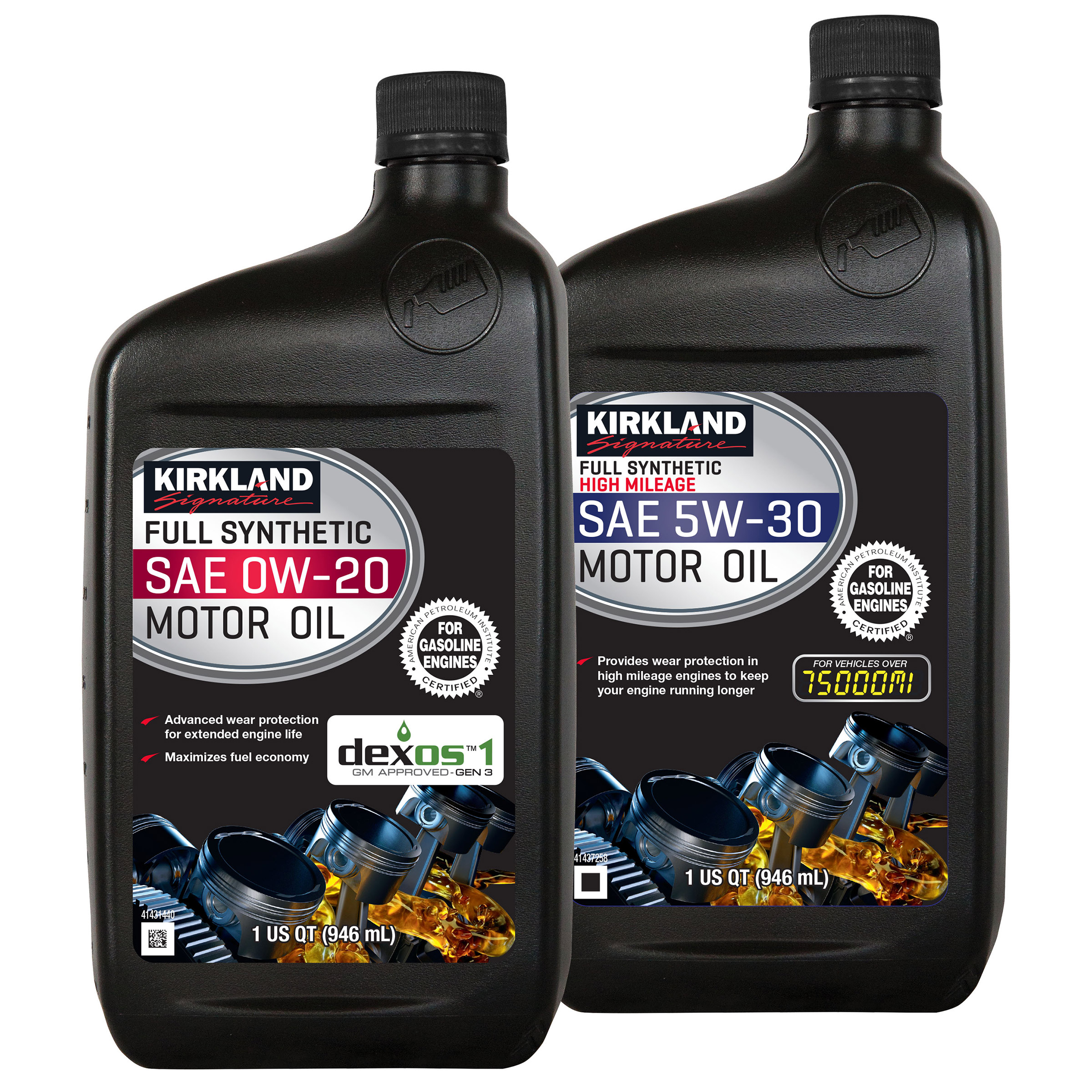 Kirkland Signature 0W-20 Full Synthetic and 5W-30 High Mileage Full Synthetic Motor Oil 1-Quart  12-Pack