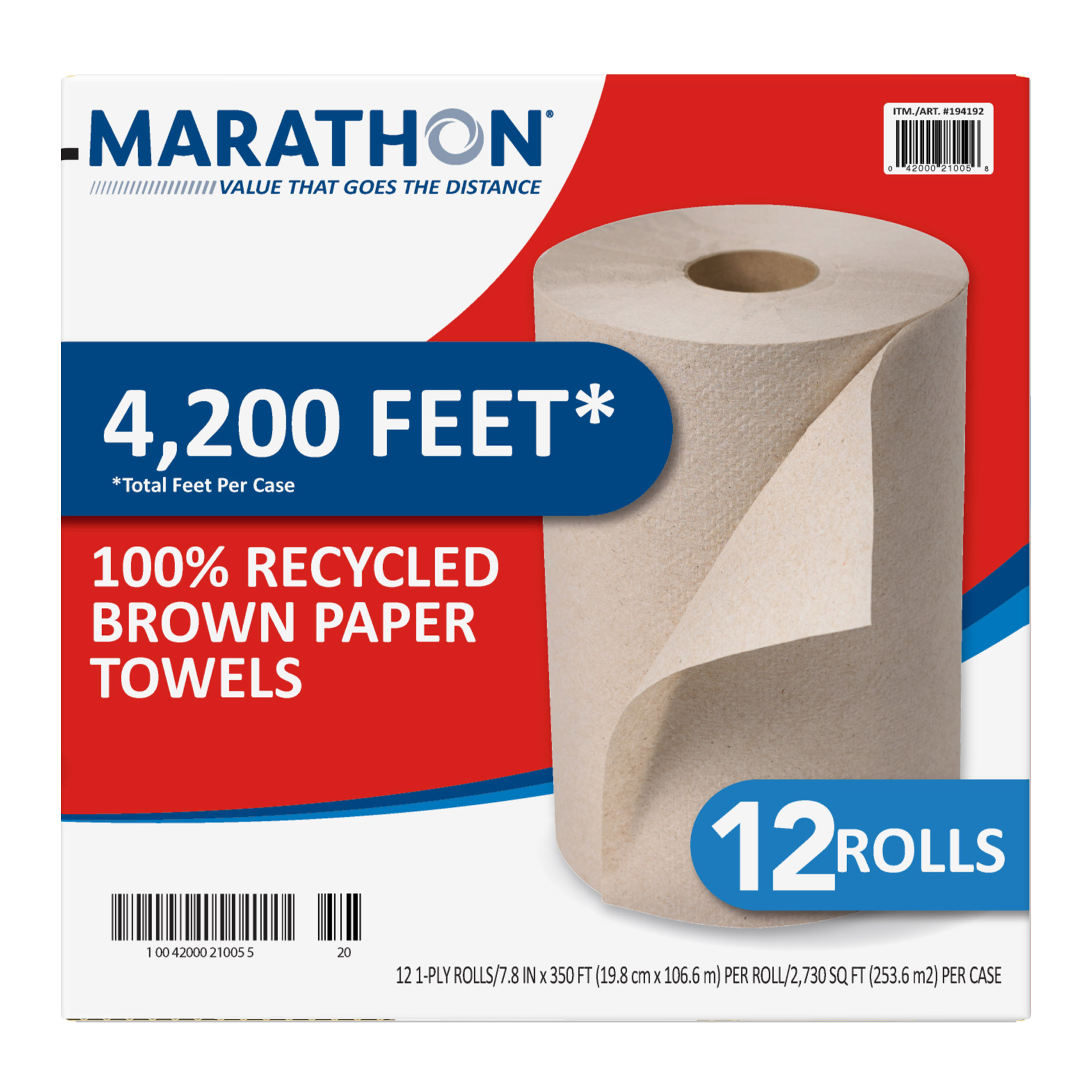 Marathon 100% Recycled Paper Towel  Brown  1-Ply  350 ft Rolls  12-count