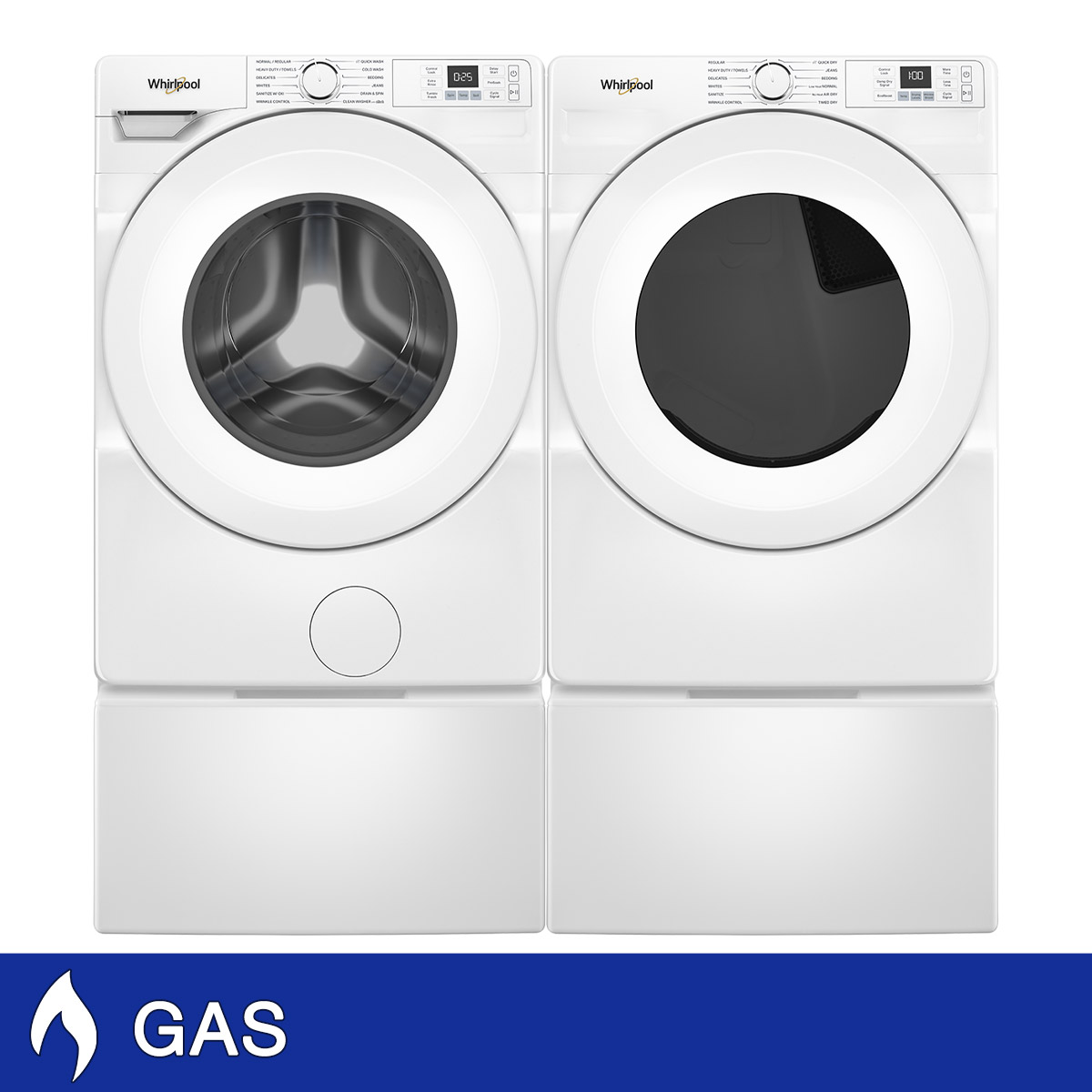 Whirlpool 4.5 cu. ft. Front Load Washer, 7.4 cu. ft. Front Load GAS Dryer, and Pedestals Package