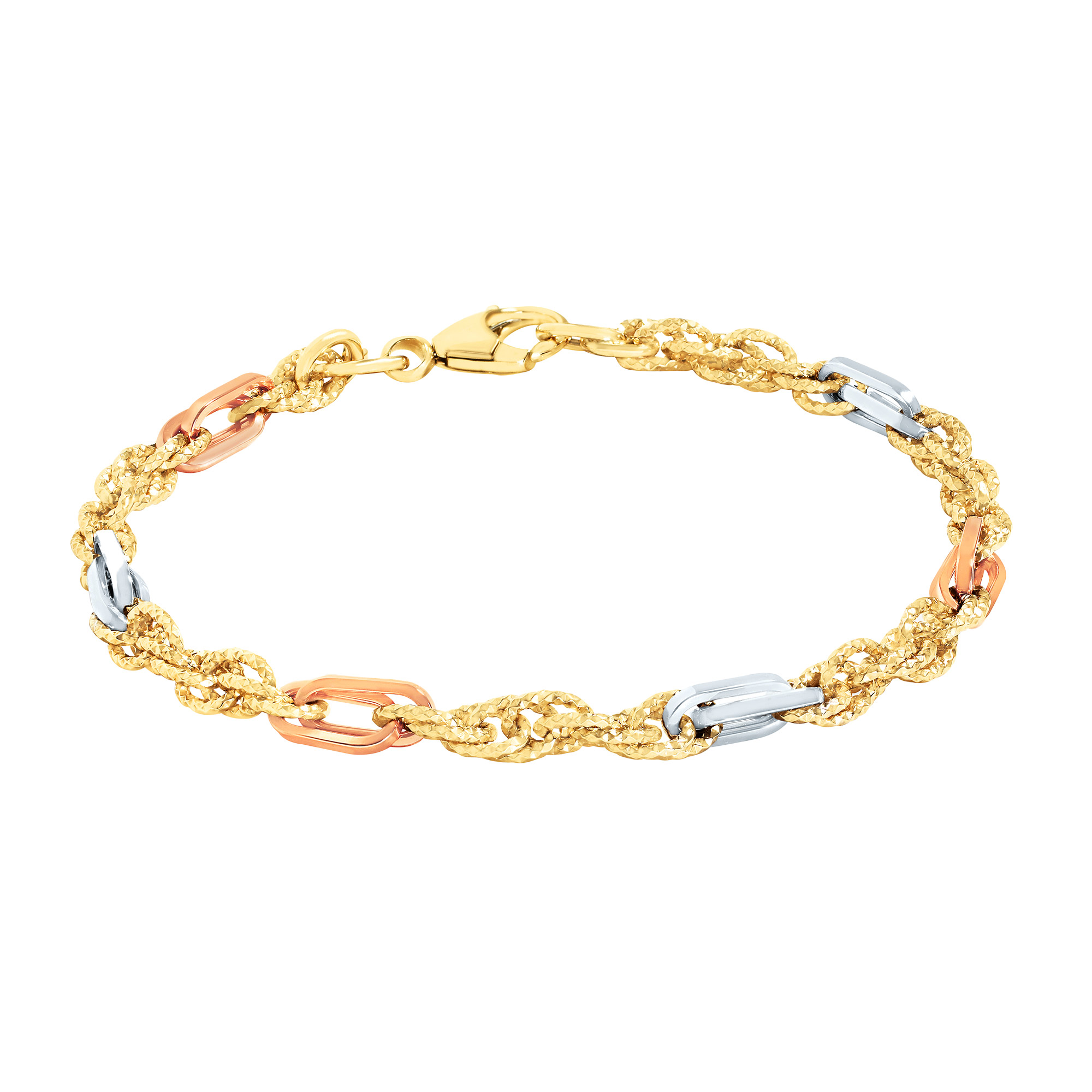 High Polish Multi Twist Oval Link Bracelet in Tri-colour Gold
