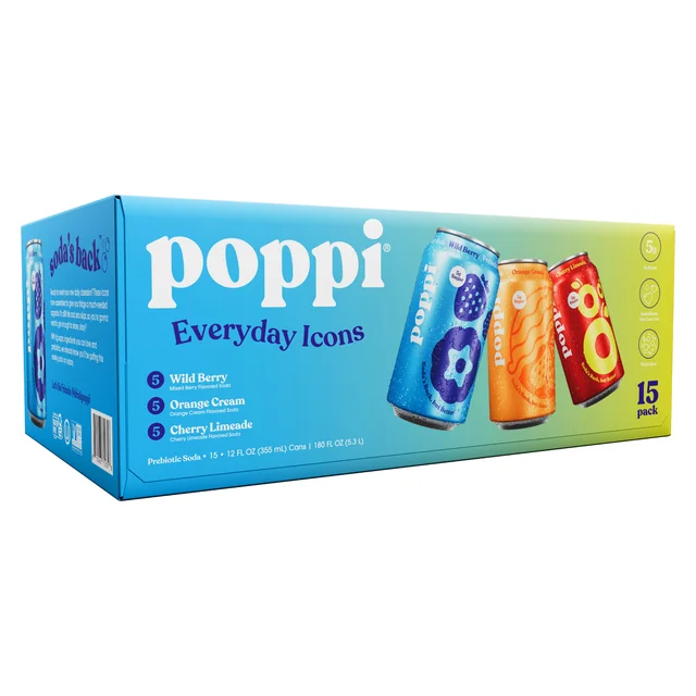 POPPI PREBIOTIC SODA 15/12 OZ CANS