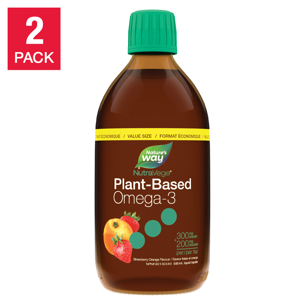 NutraVege Plant Based Liquid Omega-3, Strawberry-Orange Flavour, 500 mL, 2-pack
