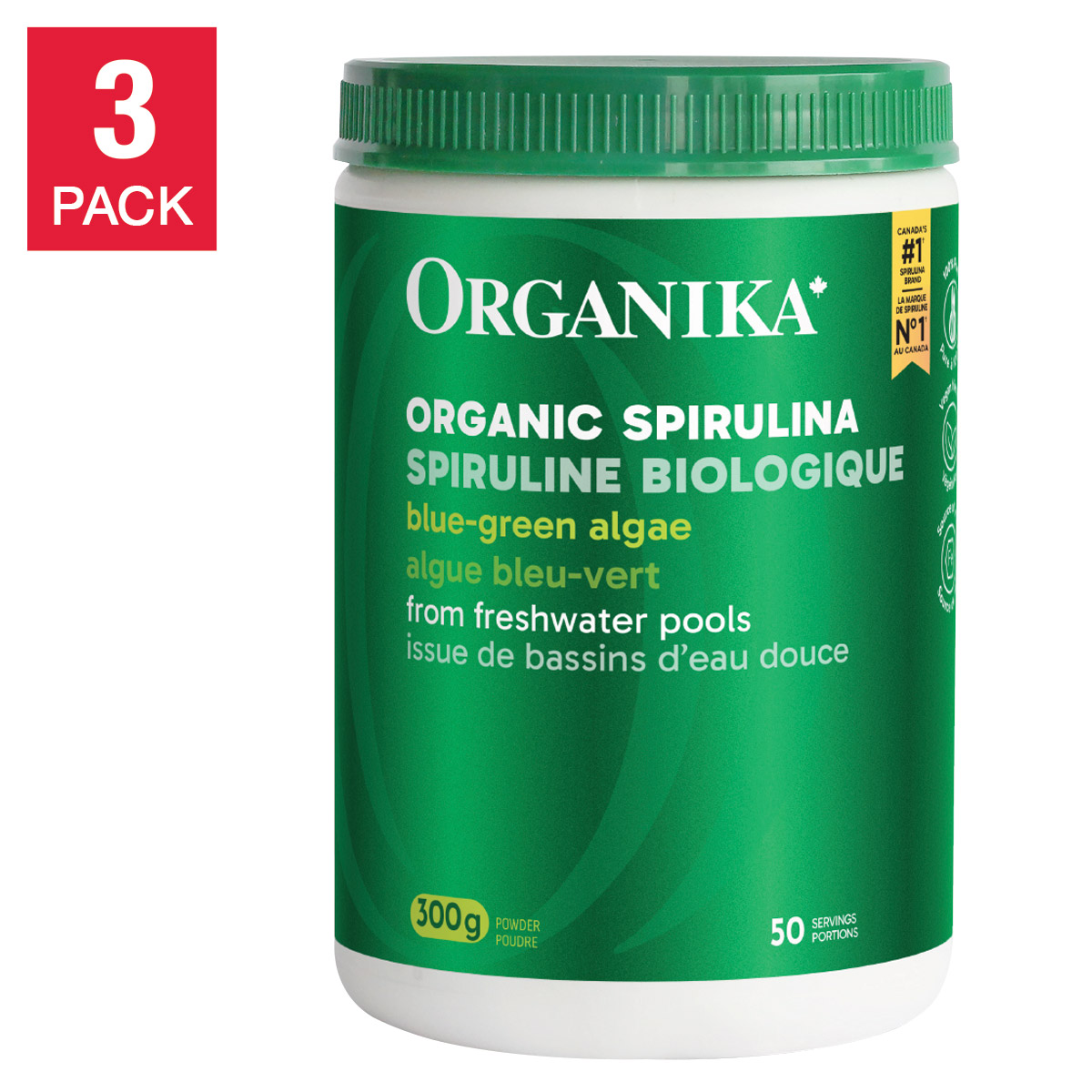 Organika Organic Spirulina Powder, 3 Bottles of 300 g