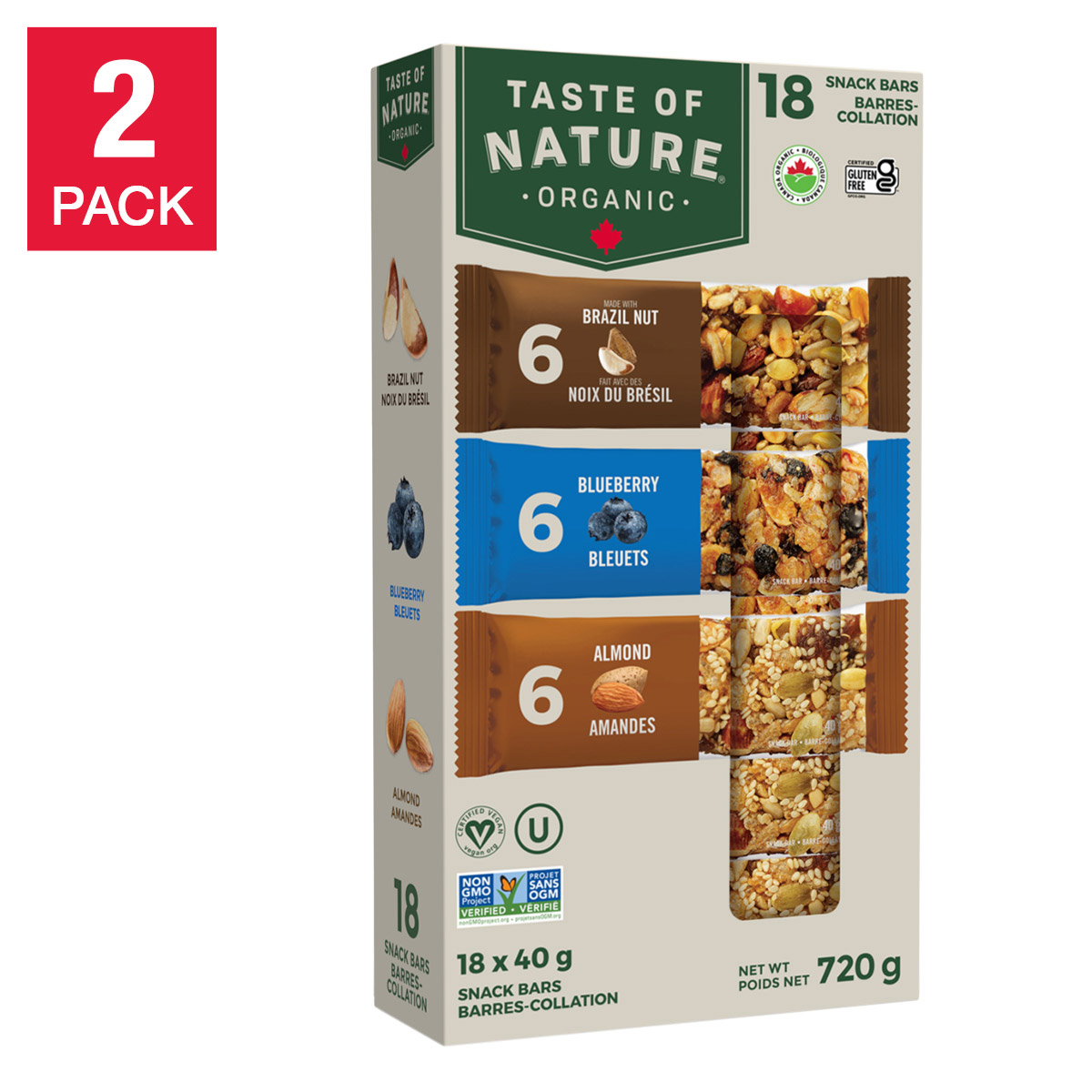 Taste of Nature Organic Snack Bars, Variety Pack, 36 × 40 g