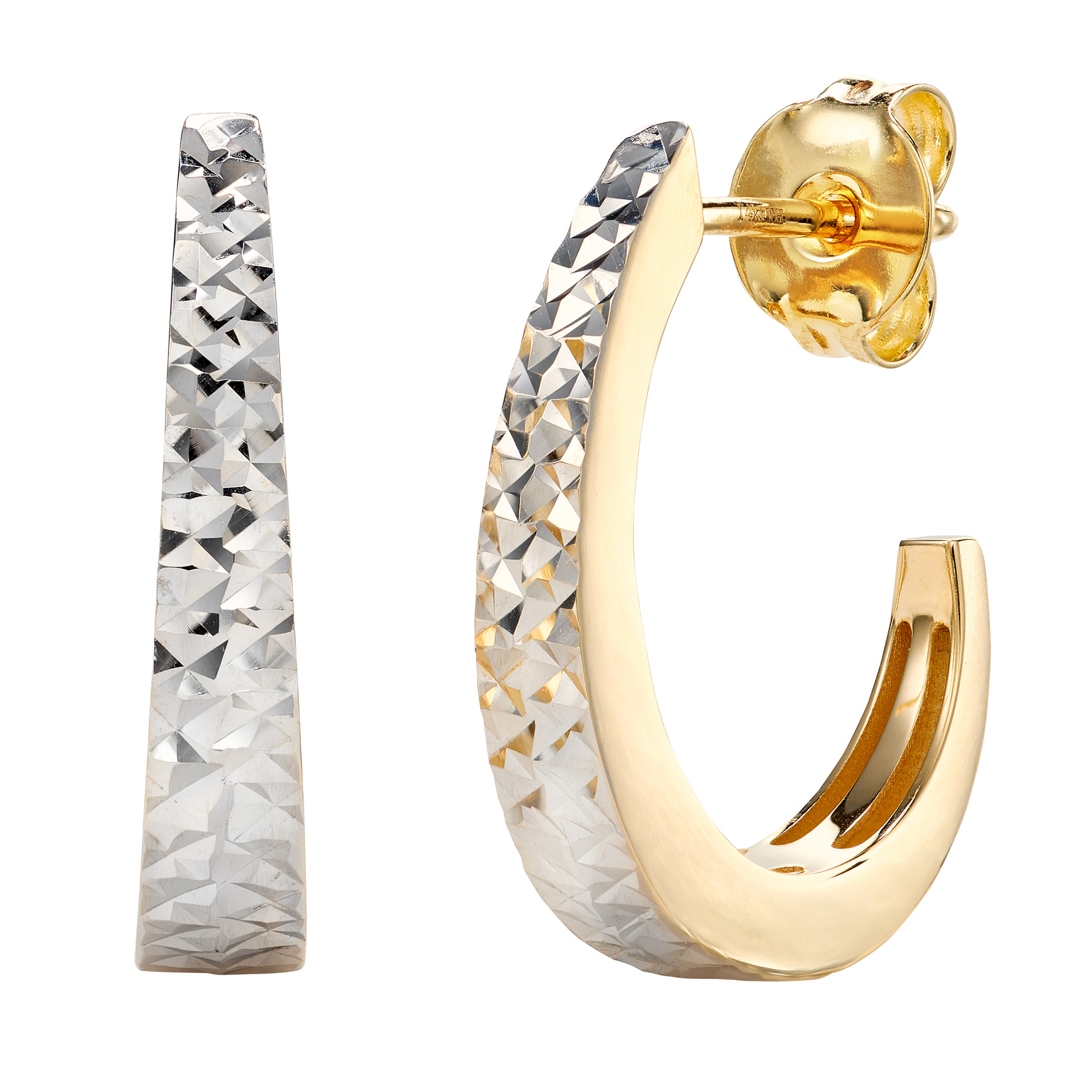 Diamond Cut J-Shaped Earrings in Two-Tone Gold