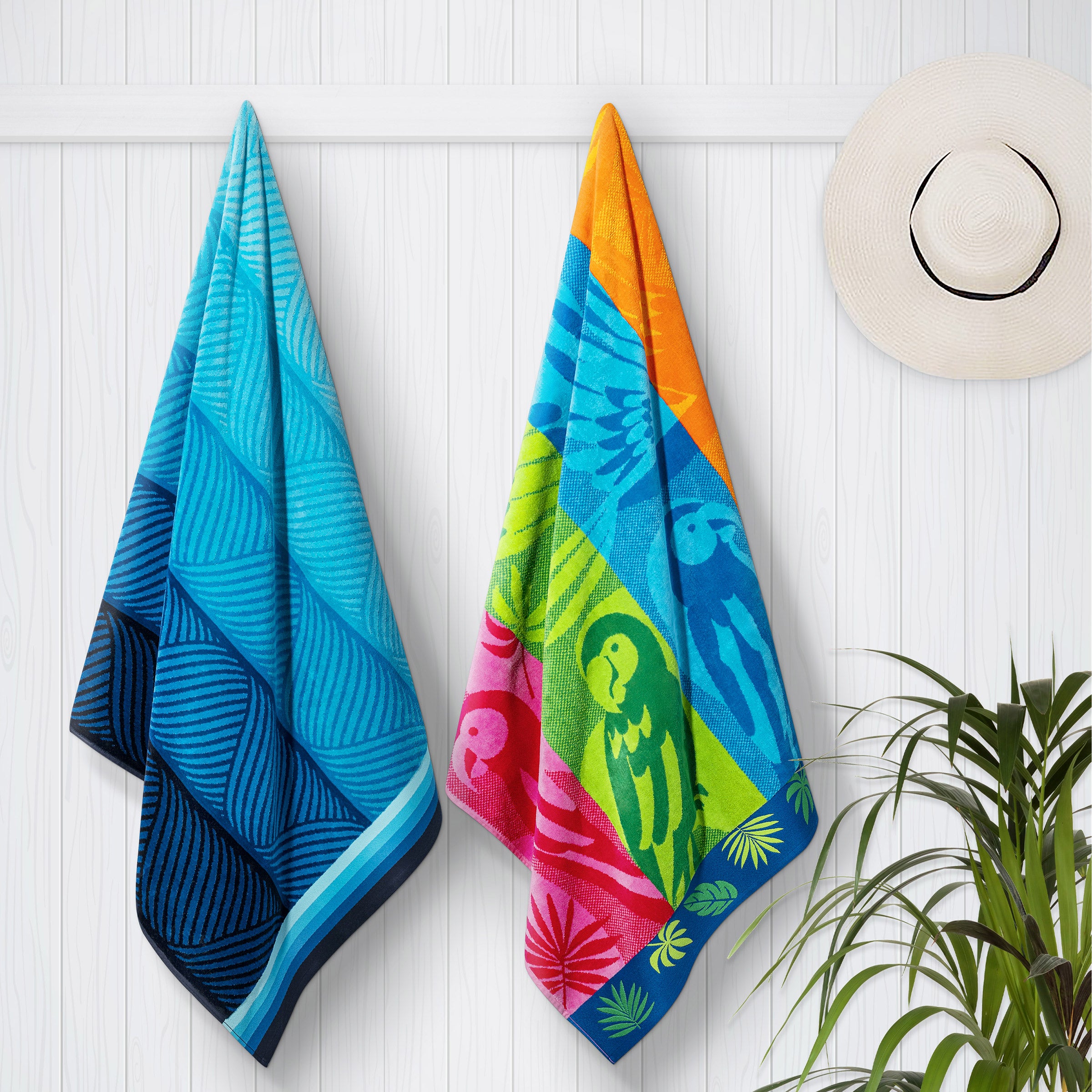 Blue Waves & Flying Parrots Jacquard Beach Towel, 2-pack | Costco