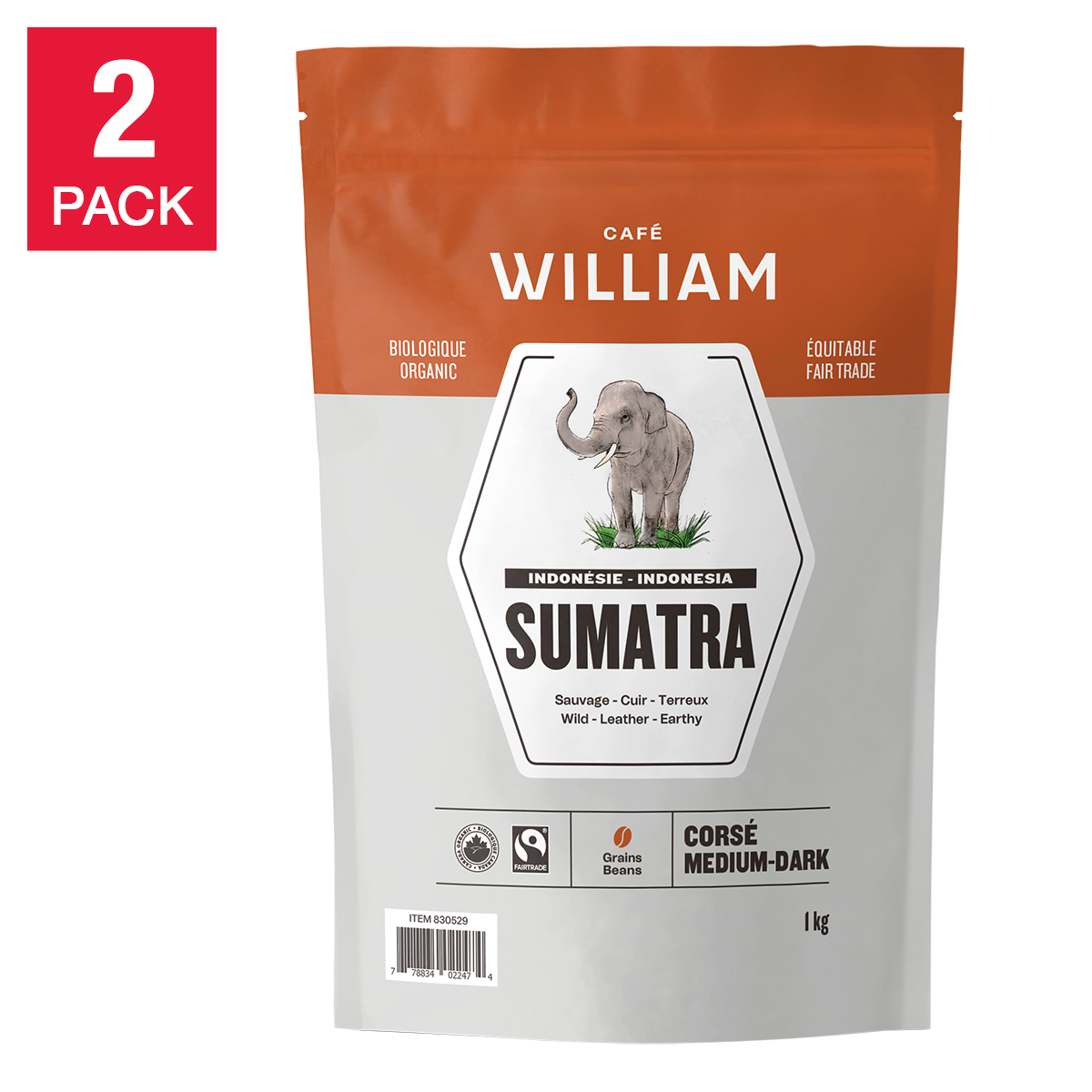 Café William Sumatra Medium-Dark Roast Fair Trade and Organic Whole Bean Coffee, 2 x 1 kg