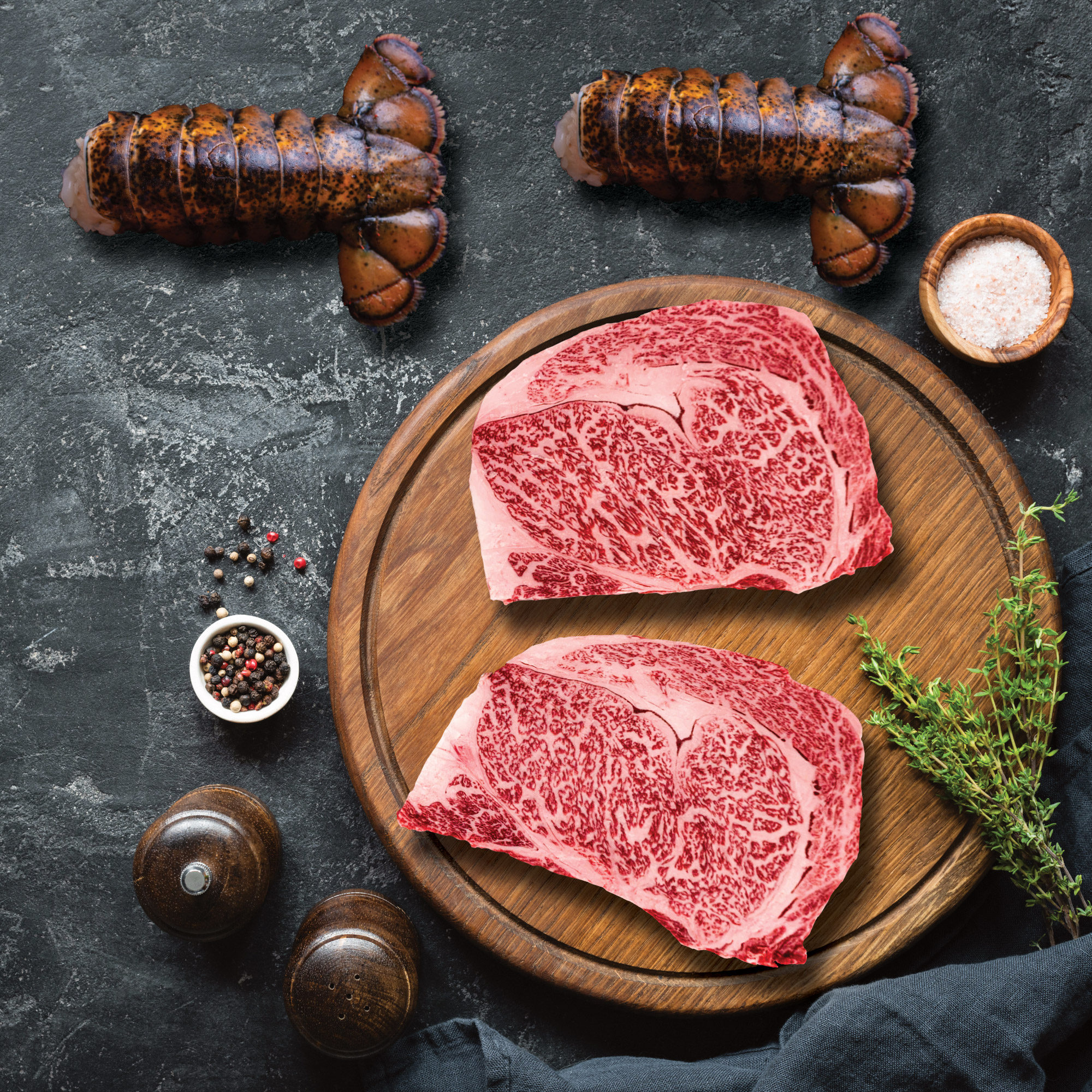 Authentic Wagyu Surf & Turf Pack  (2/17-20 Oz. Cold Water Lobster Tails with  (2/14 Oz.Per Steak) Japanese A5 Wagyu Ribe
