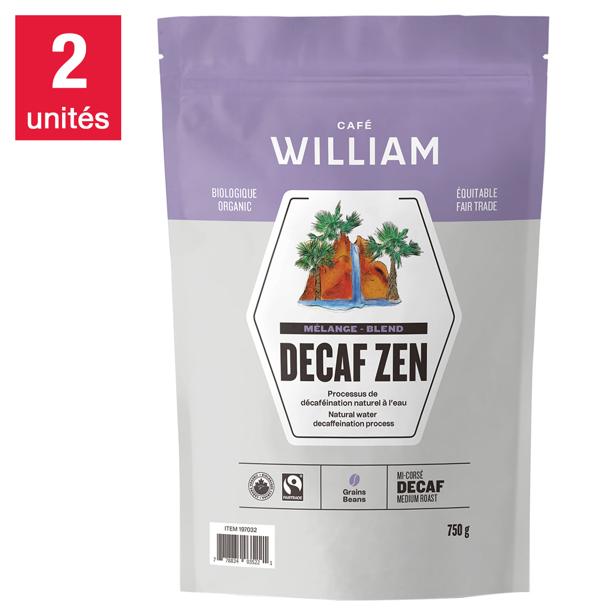 Café William - Café en grains entiers naturellement décaféiné équitable et biologique à torréfaction moyenne, 2 x 750 g 