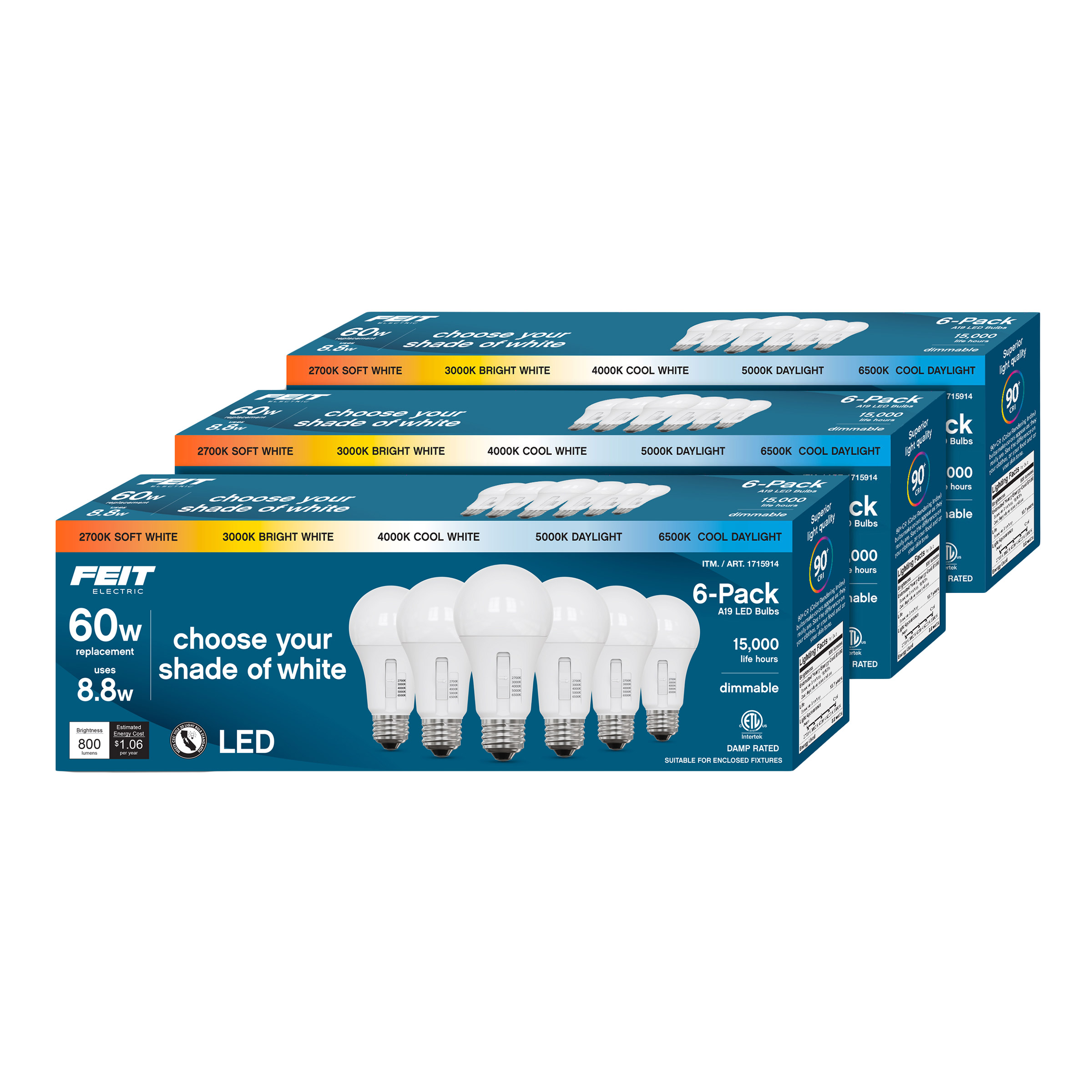 Feit Electric 60W Replacement 5-CCT LED A19 Bulbs  18-pack