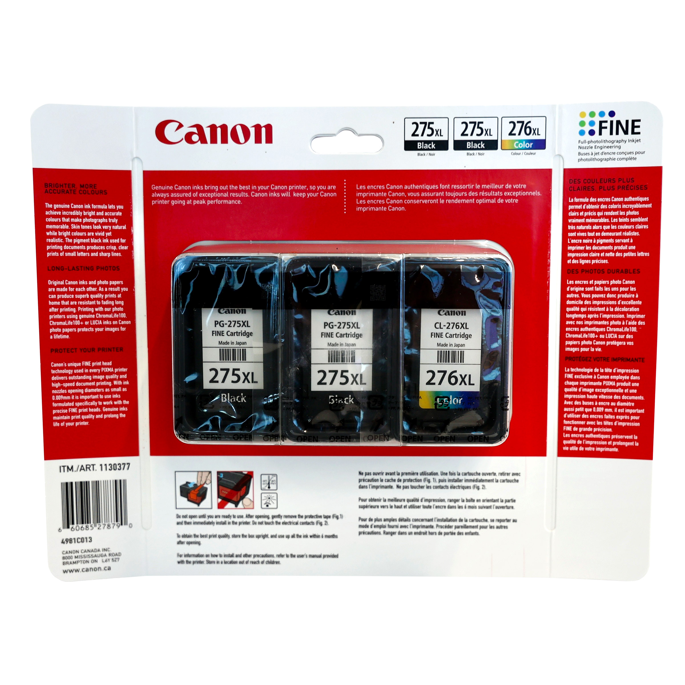 Canon PG-275XL Black and CL-276XL Colour Ink Cartridges, 3-pack