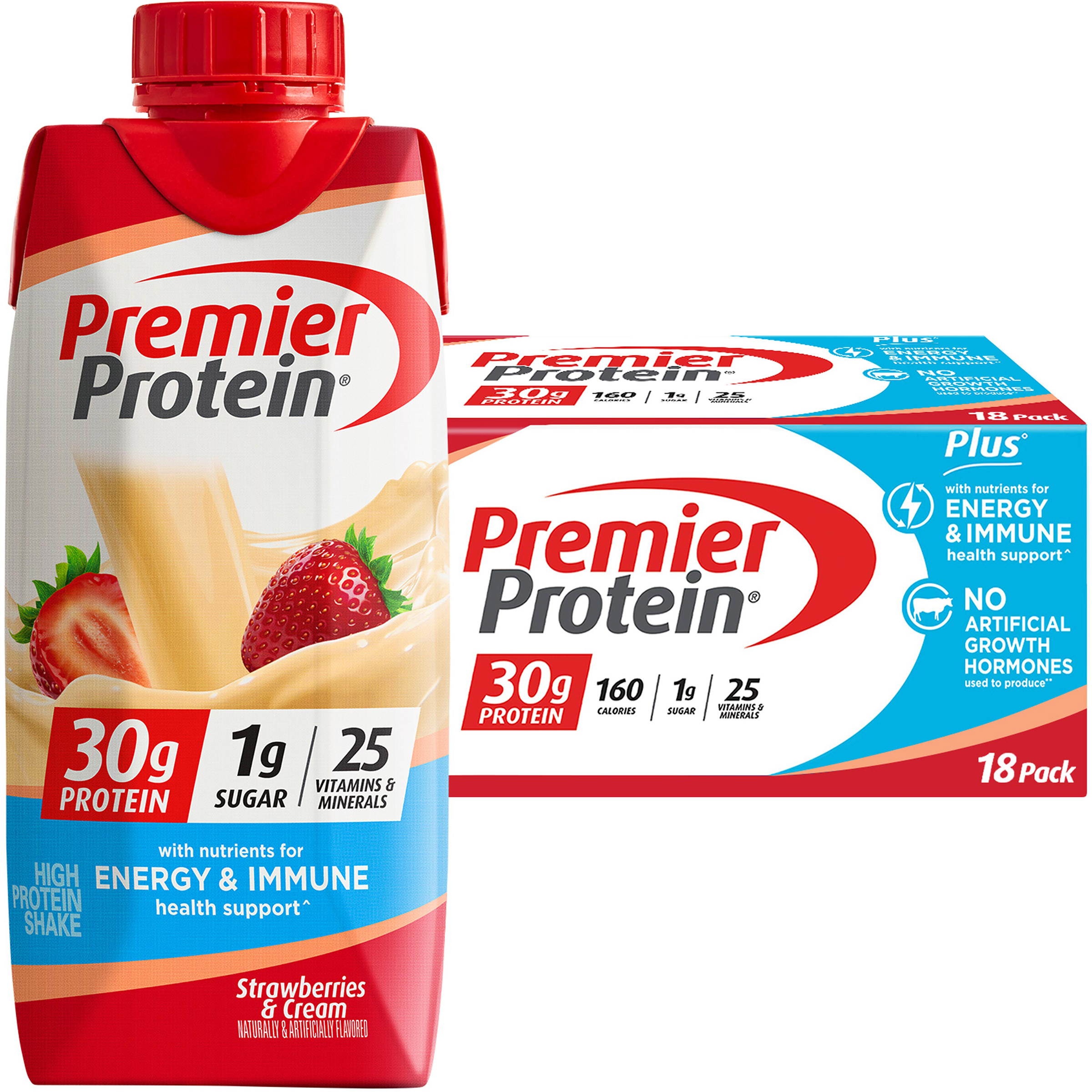 Premier 30g Protein PLUS Energy and Immune Support Shakes  Strawberries & Cream  11 fl oz  18-pack
