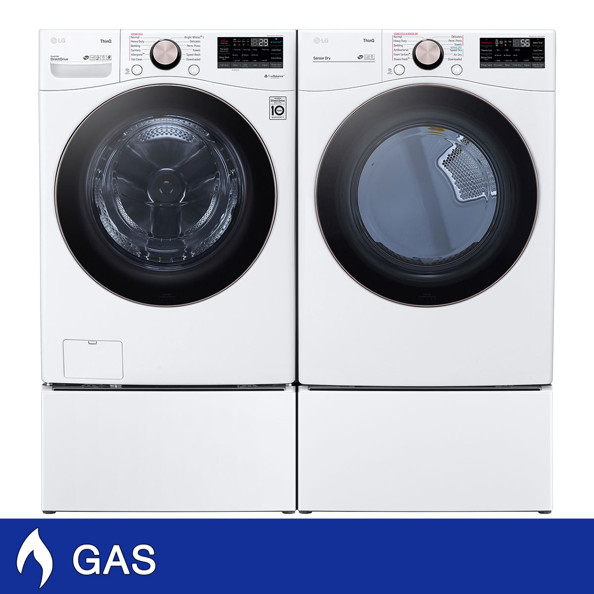 LG 4.5 cu. ft. Front Load Washer with TurboWash 360° and 7.4 cu. ft. GAS Dryer with TurboSteam and Built-In Intelligence with Washer and Storage Pedestal
