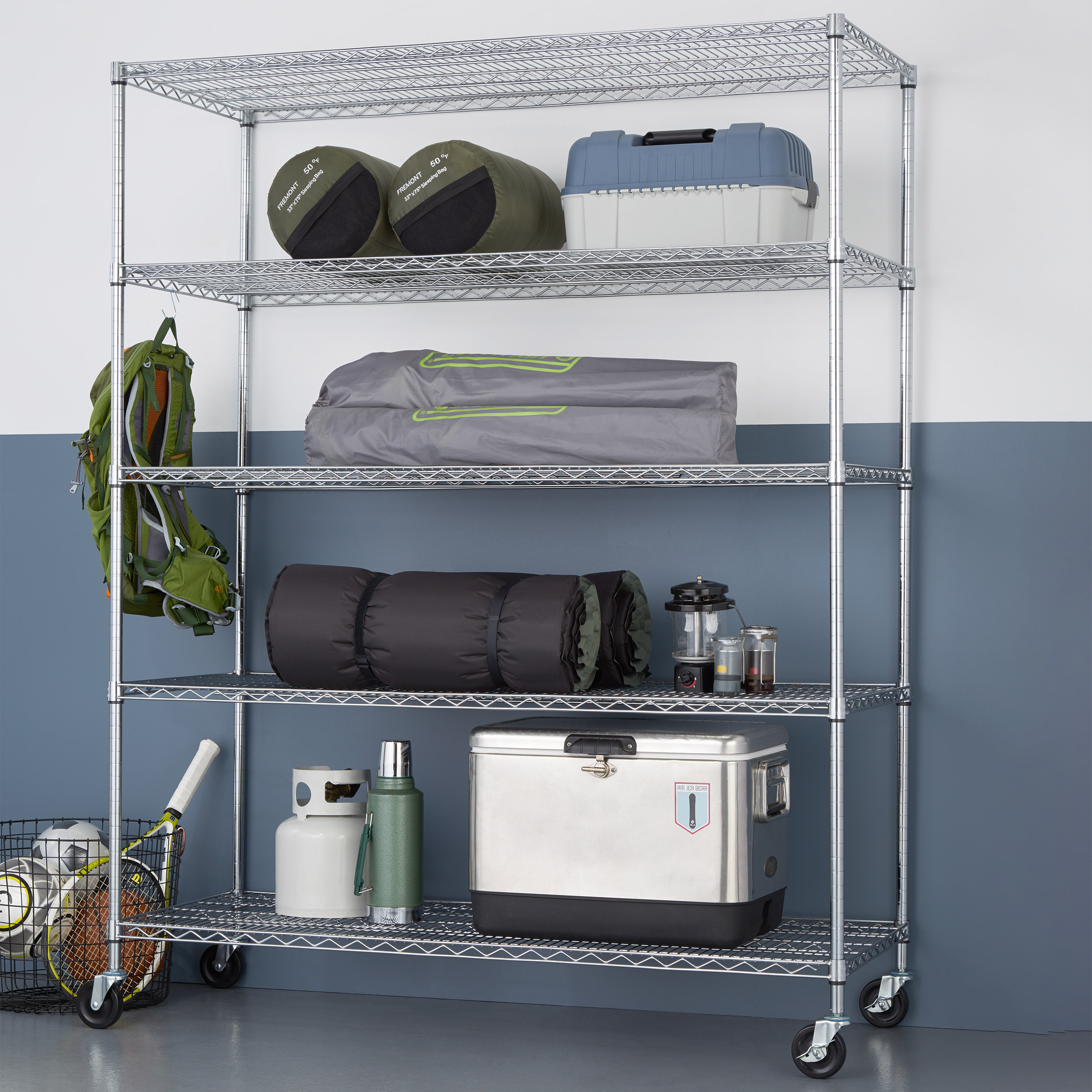 TRINITY 5-Tier Chrome Wire Shelving Rack With Wheels, 60