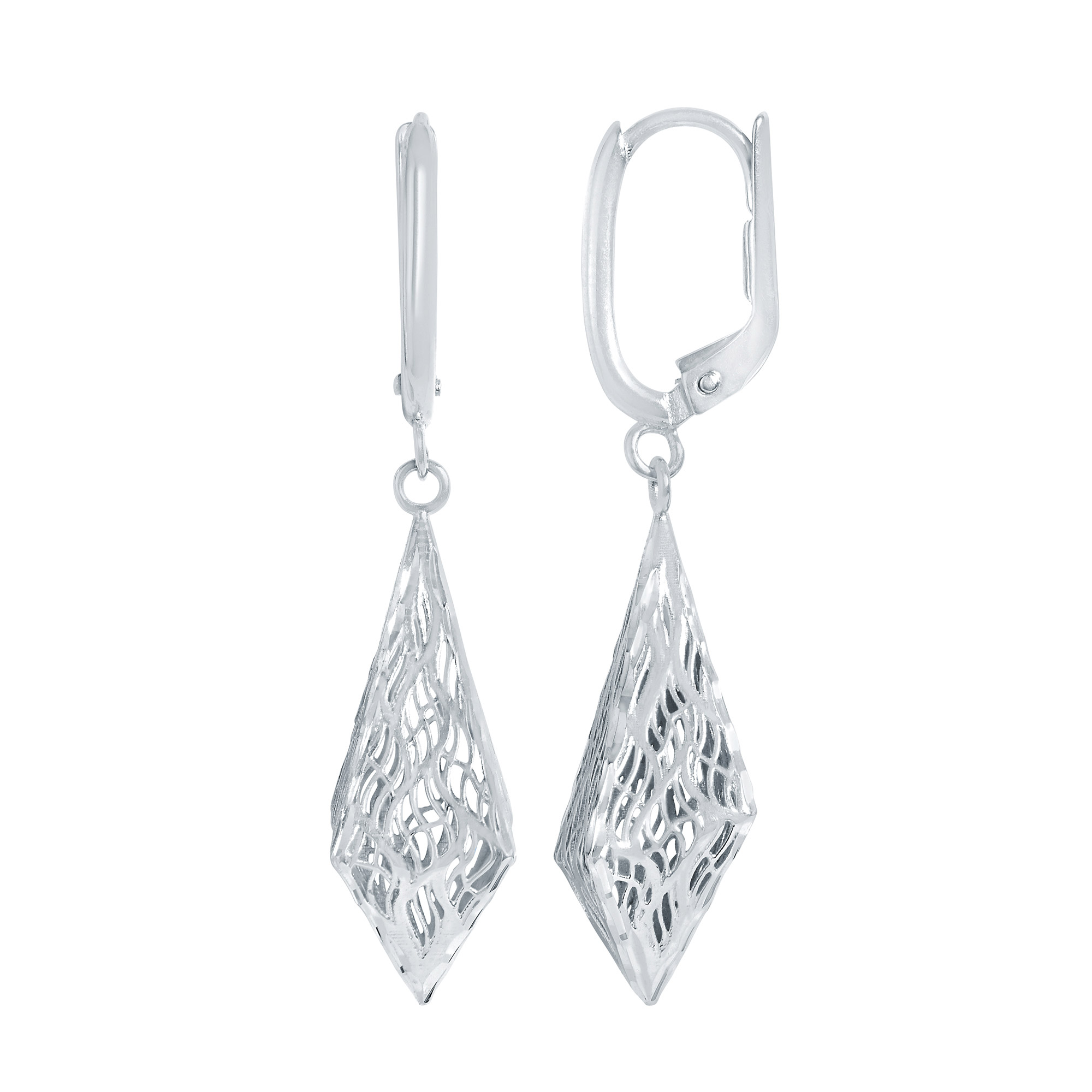 Diamond Cut Filigree Cathedral Dangle Earrings in White Gold
