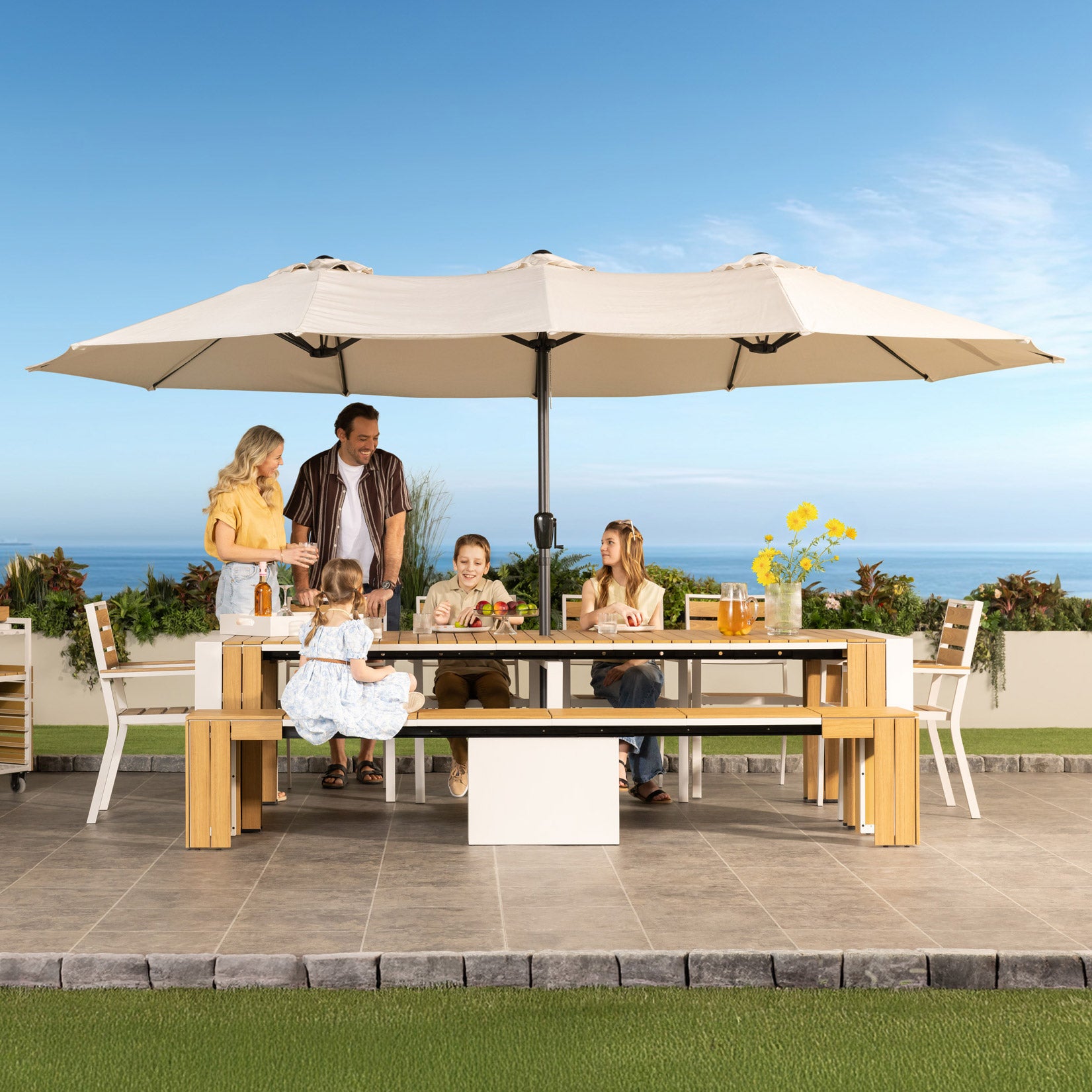 double vented patio umbrellas with lights MAISON ARTS 13ft Double -Sided Crank Patio Umbrella Extra Large with LED  Colorful Lights