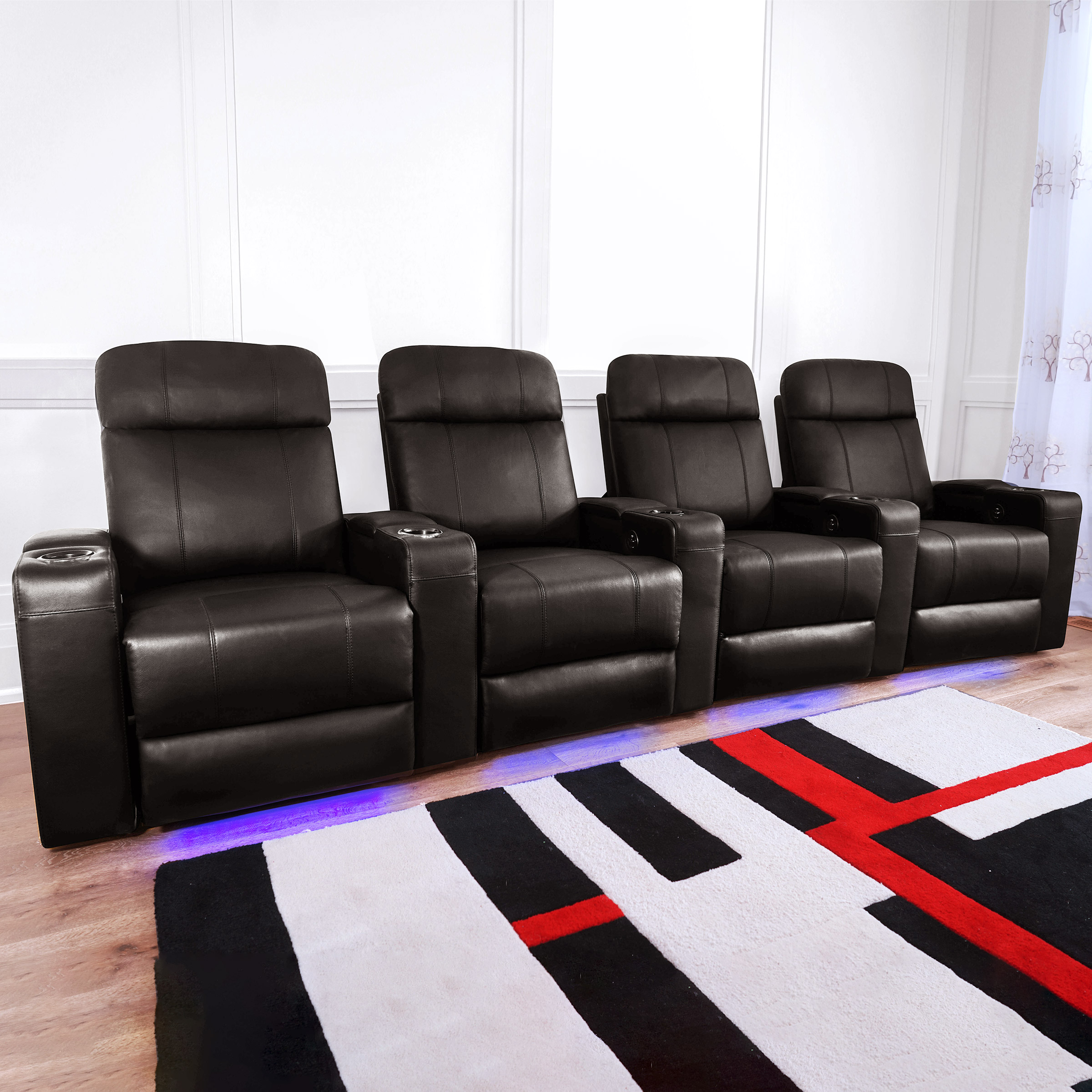 Siena Black 4-piece Top Grain Leather LED Power Reclining Home Theatre Seating