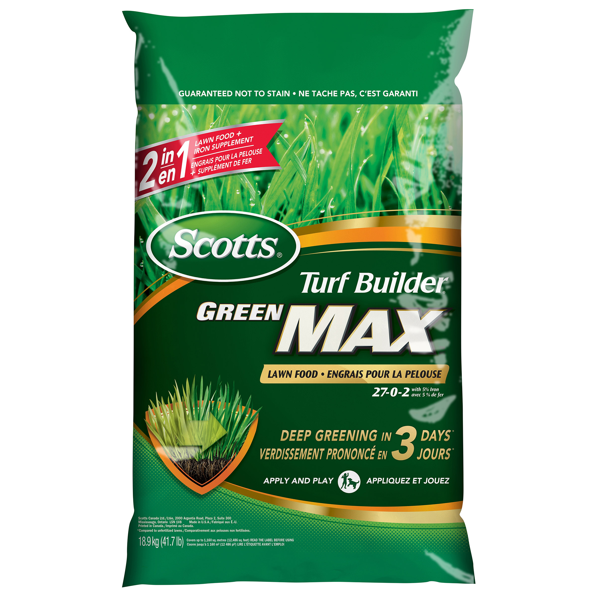 Scotts Turf Builder Green MAX Lawn Food 27-0-2 with 5% Iron 1160m2 18.9 kg