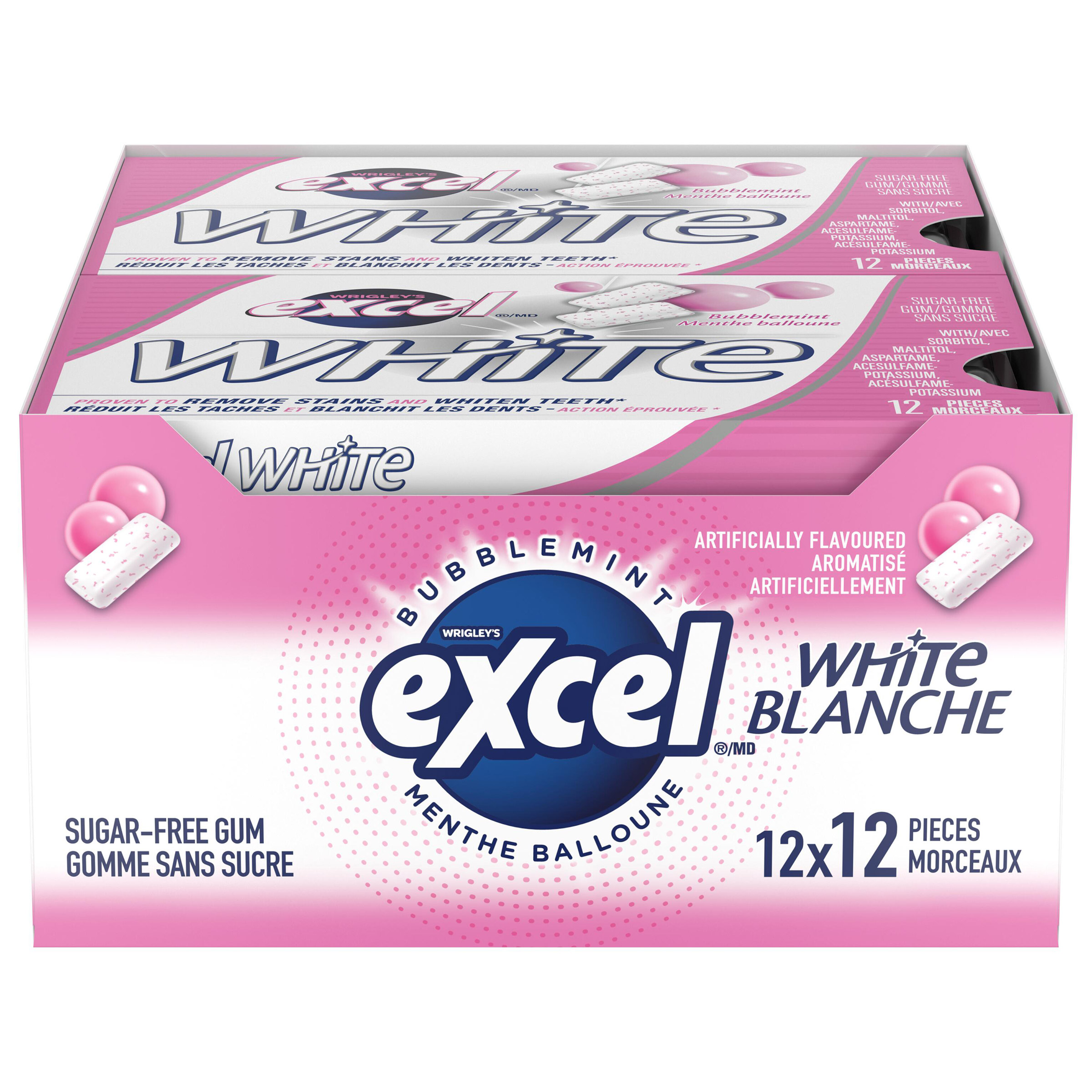 Excel White Sugar-free Bubblemint Gum, 12 × 12 pieces