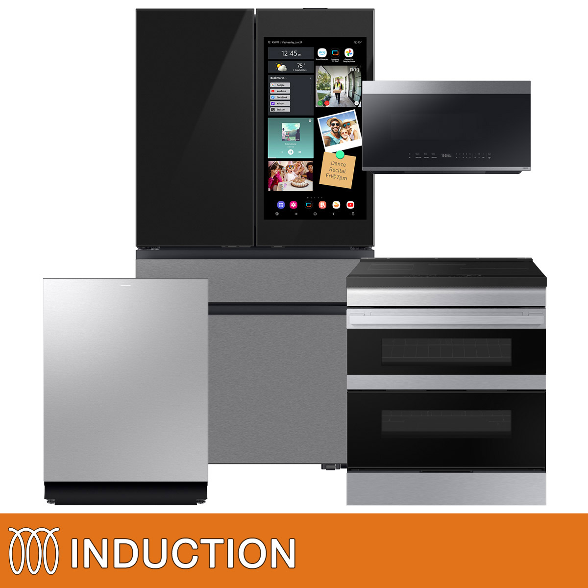 Samsung 4-piece INDUCTION Kitchen Package with Bespoke Counter Depth 4-Door French Door Refrigerator with Family Hub+