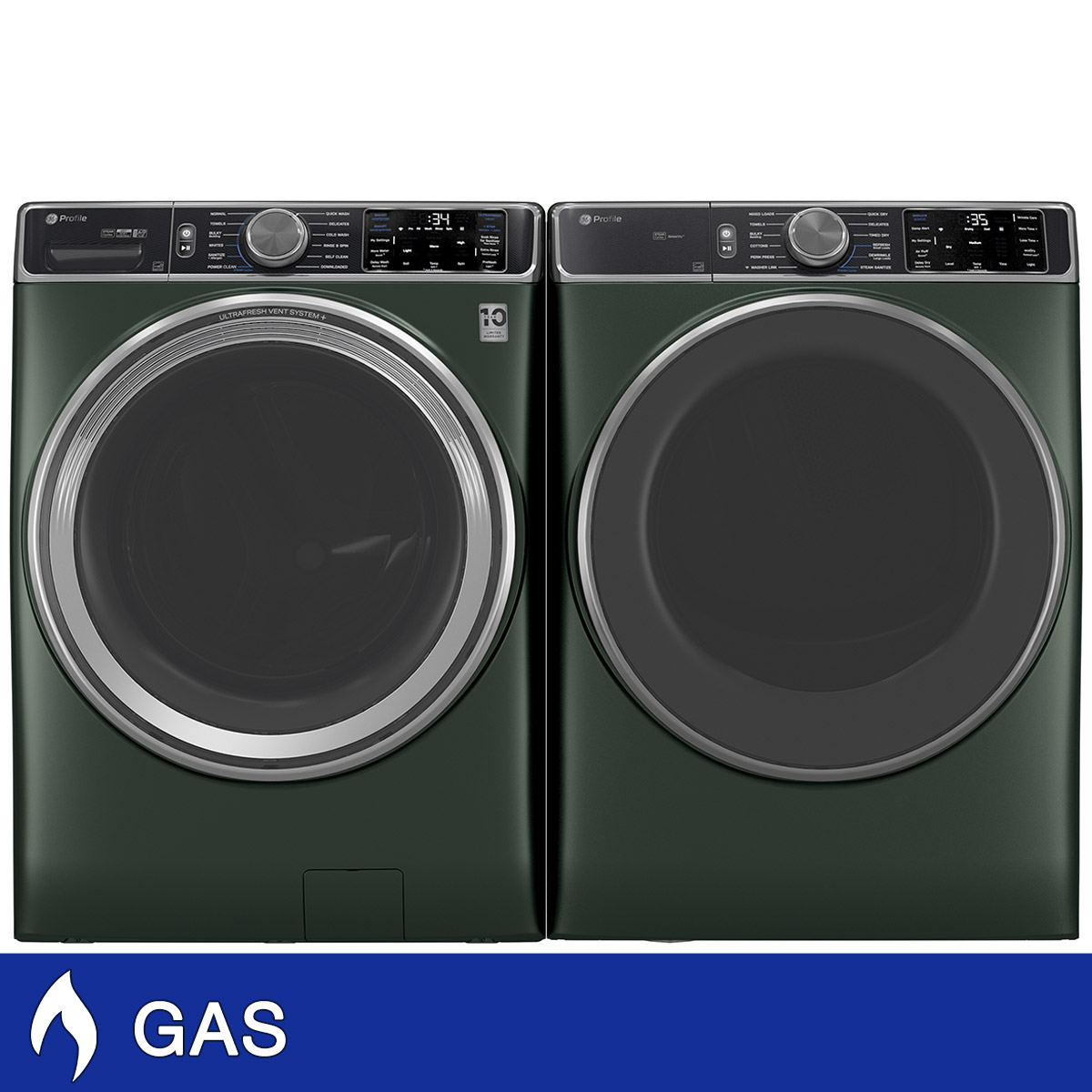 GE Profile 5.5 cu. ft. Smart Front Load Washer with UltraFresh Vent System+ and  7.8 cu. ft. Smart GAS Front Load Dryer with Steam and Sanitize Cycle