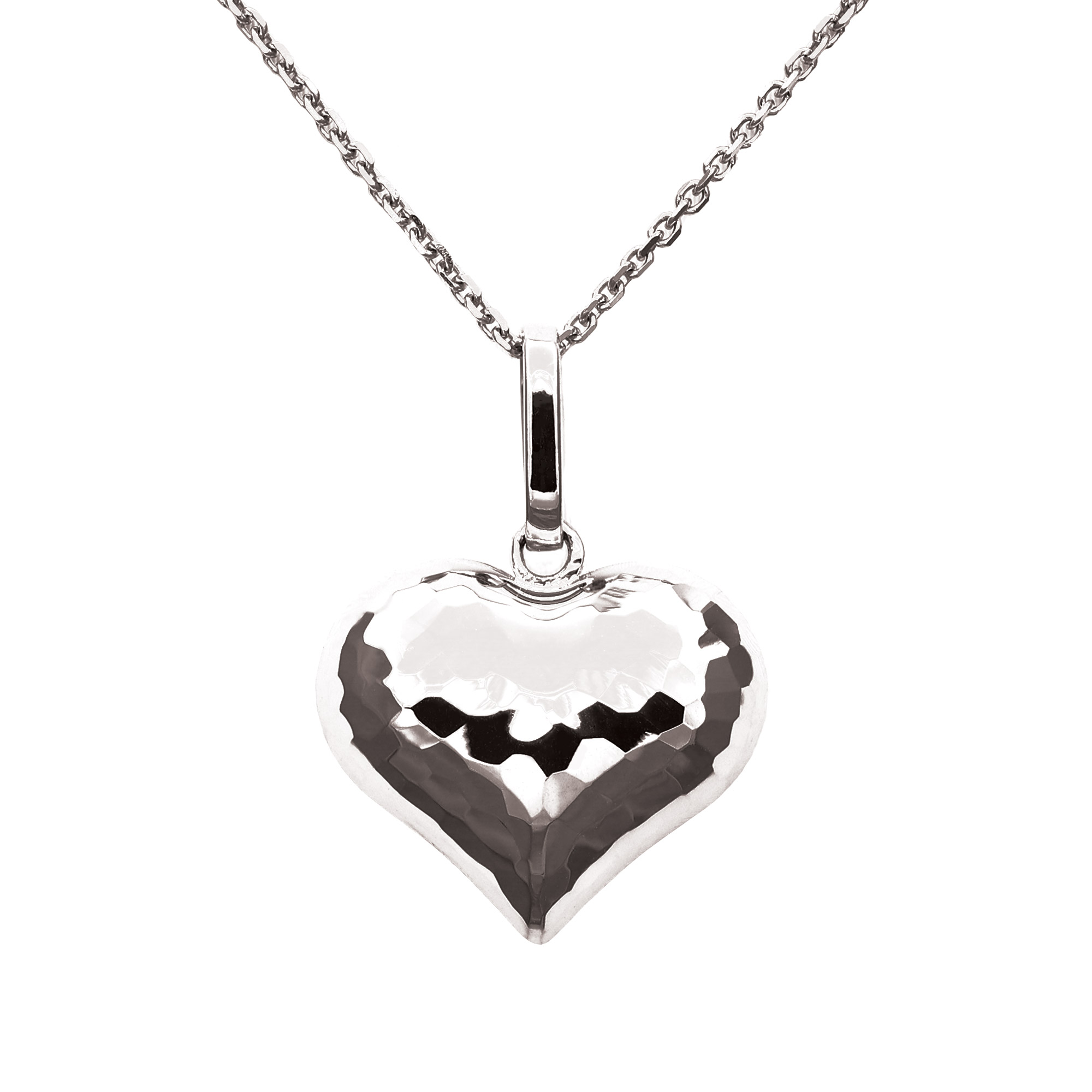 High Polish Hammered Look Heart Pendant in White Gold