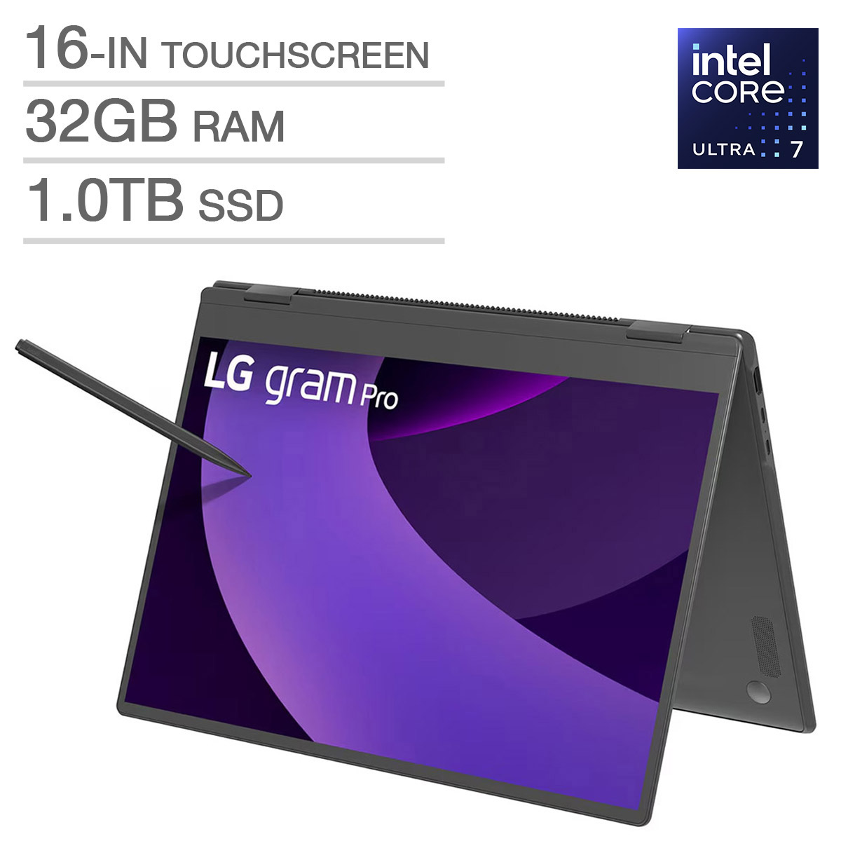 LG gram Pro 360 2-in-1 16-in Touchscreen OLED Laptop Bundle, Intel Core Ultra 7 255H - 32GB RAM, 1TB SSD, Intel Arc
