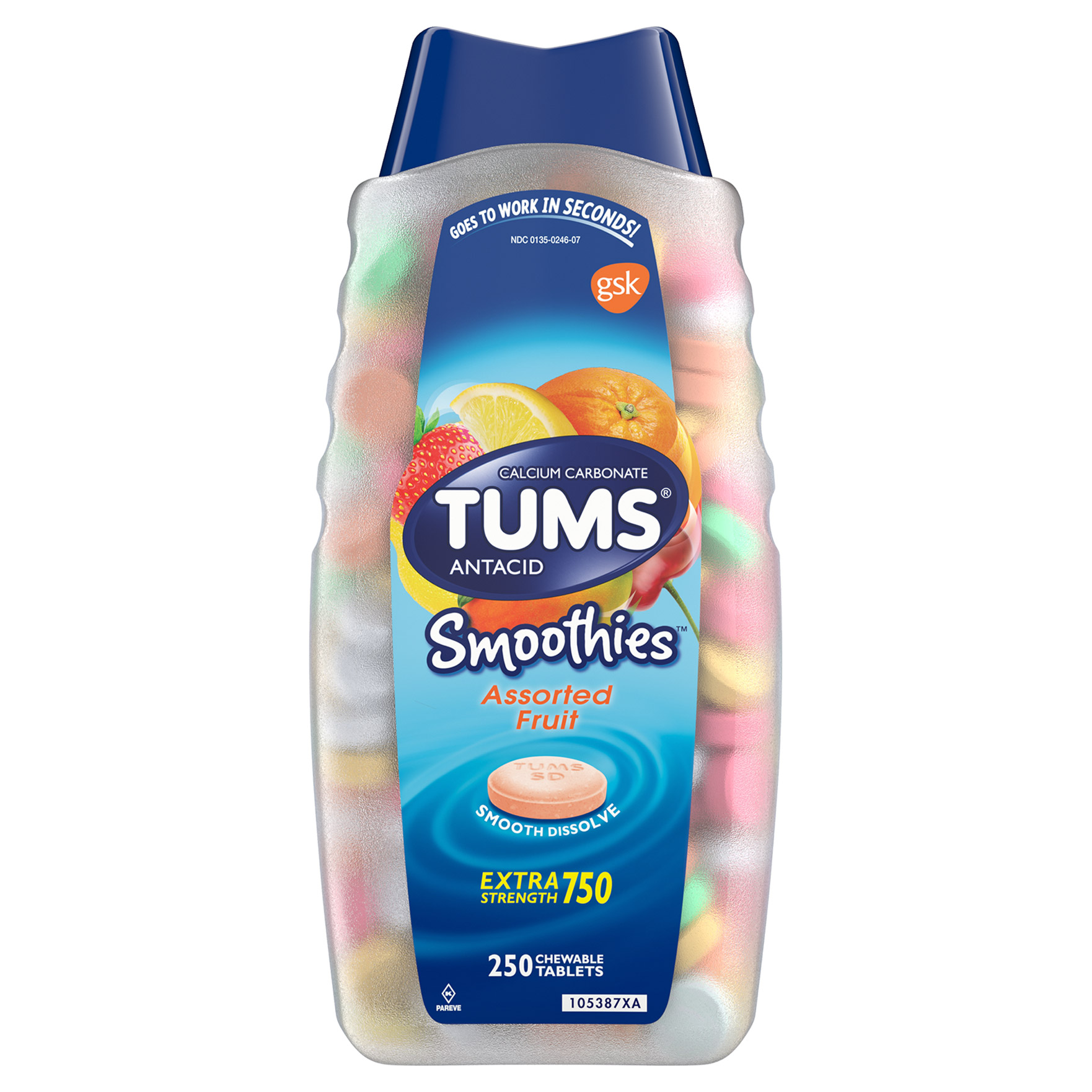 Tums Smoothies Chewable Tablets, Assorted Fruit, 250 Tablets