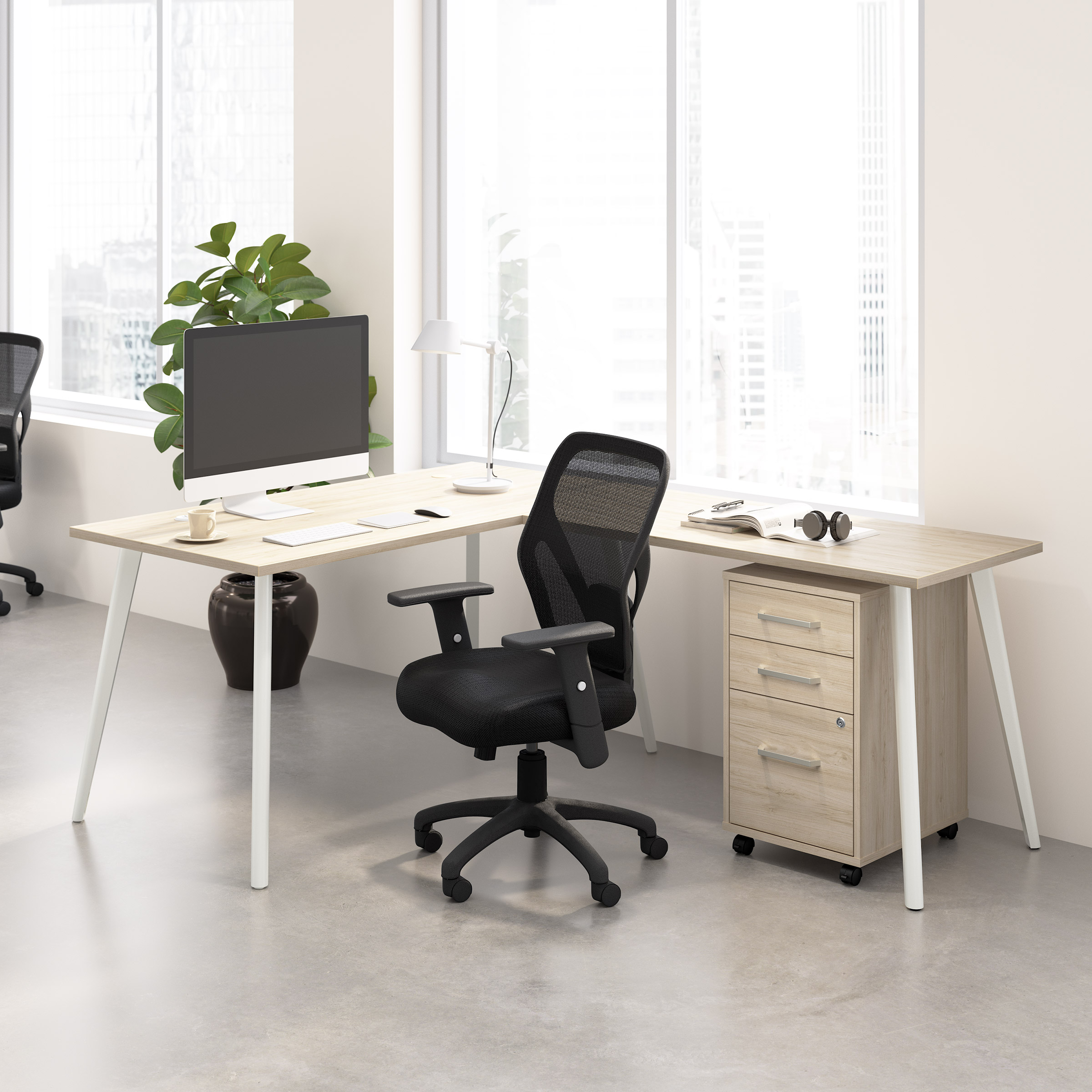 Office Pro Strive L-shaped Desk with Rolling File Cabinet