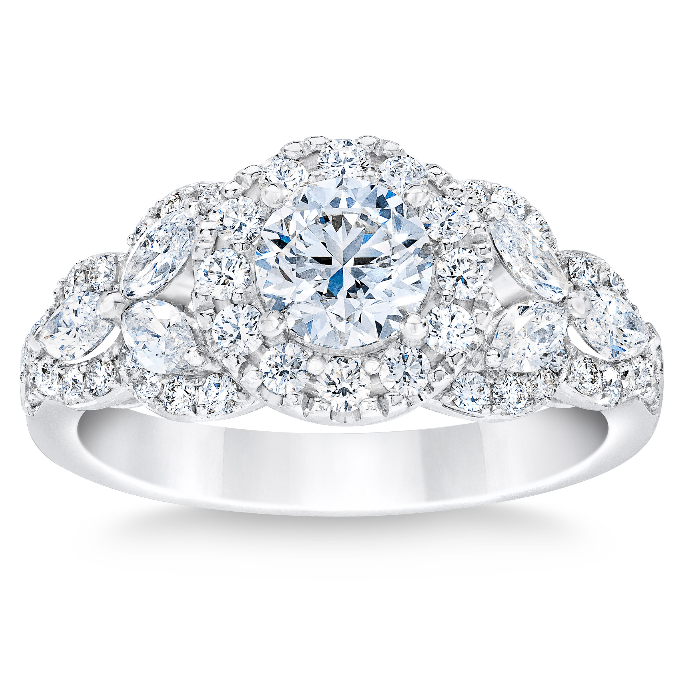 Round Brilliant & Marquise Cut 1.80 ctw VS2 Clarity  I Color Diamond 14kt White Gold Ring