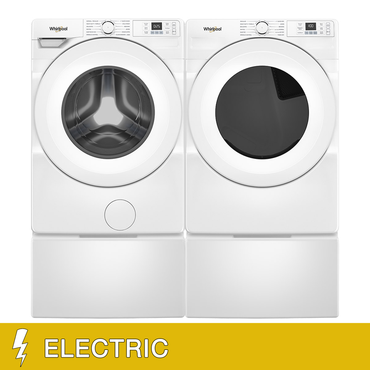 Whirlpool 4.5 cu. ft. Front Load Washer, 7.4 cu. ft. Front Load ELECTRIC Dryer, and Pedestals Package