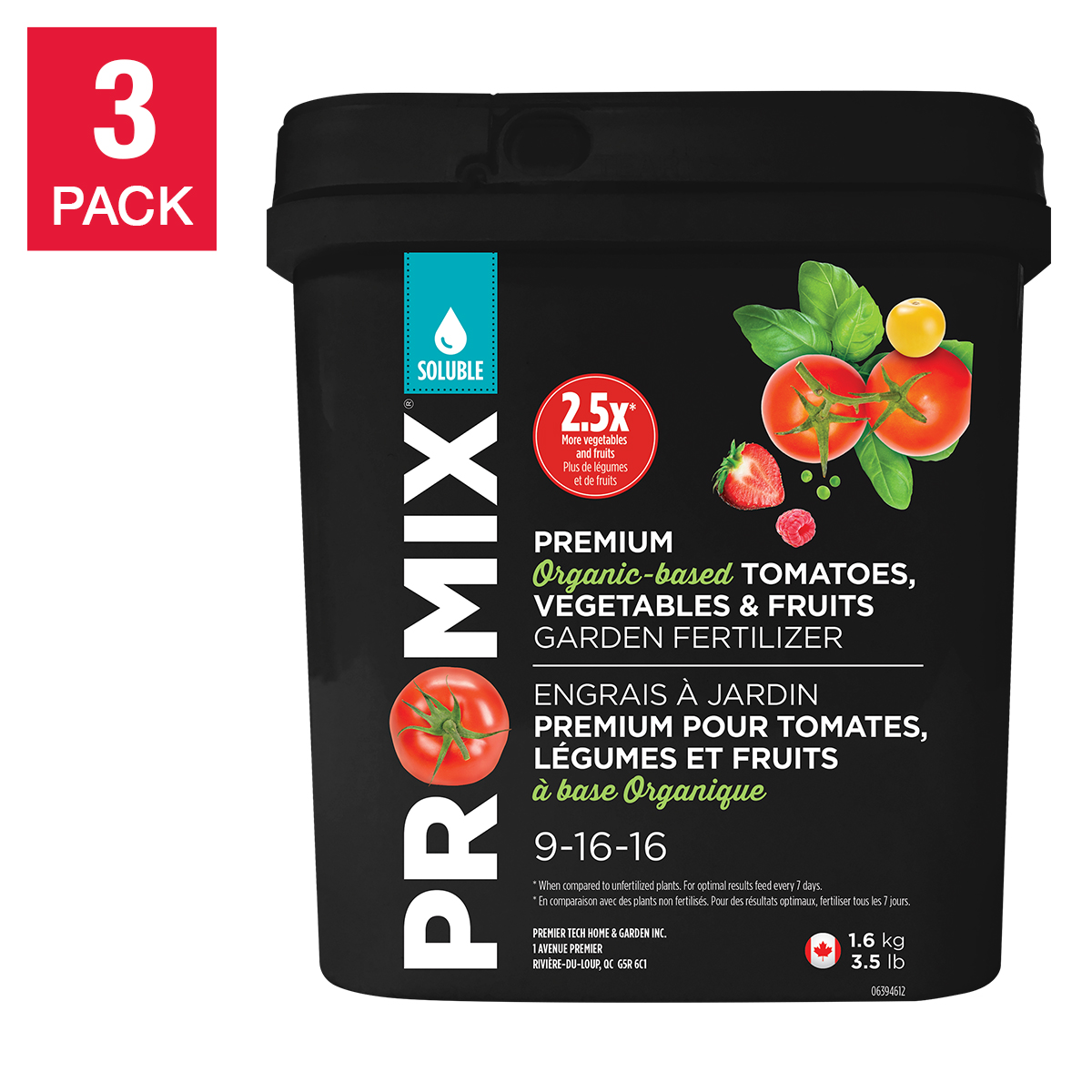 PRO-MIX Organic-based Tomatoes, Vegetables & Fruits Garden Fertilizer 9-16-16, 3-pack x 1.6 kg