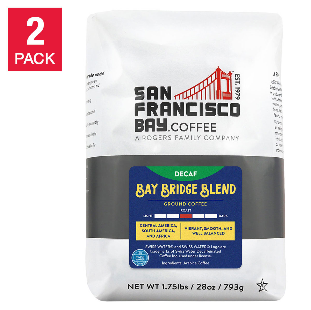San Francisco Bay Coffee DECAF Bay Bridge Blend Ground 28oz  2-pack