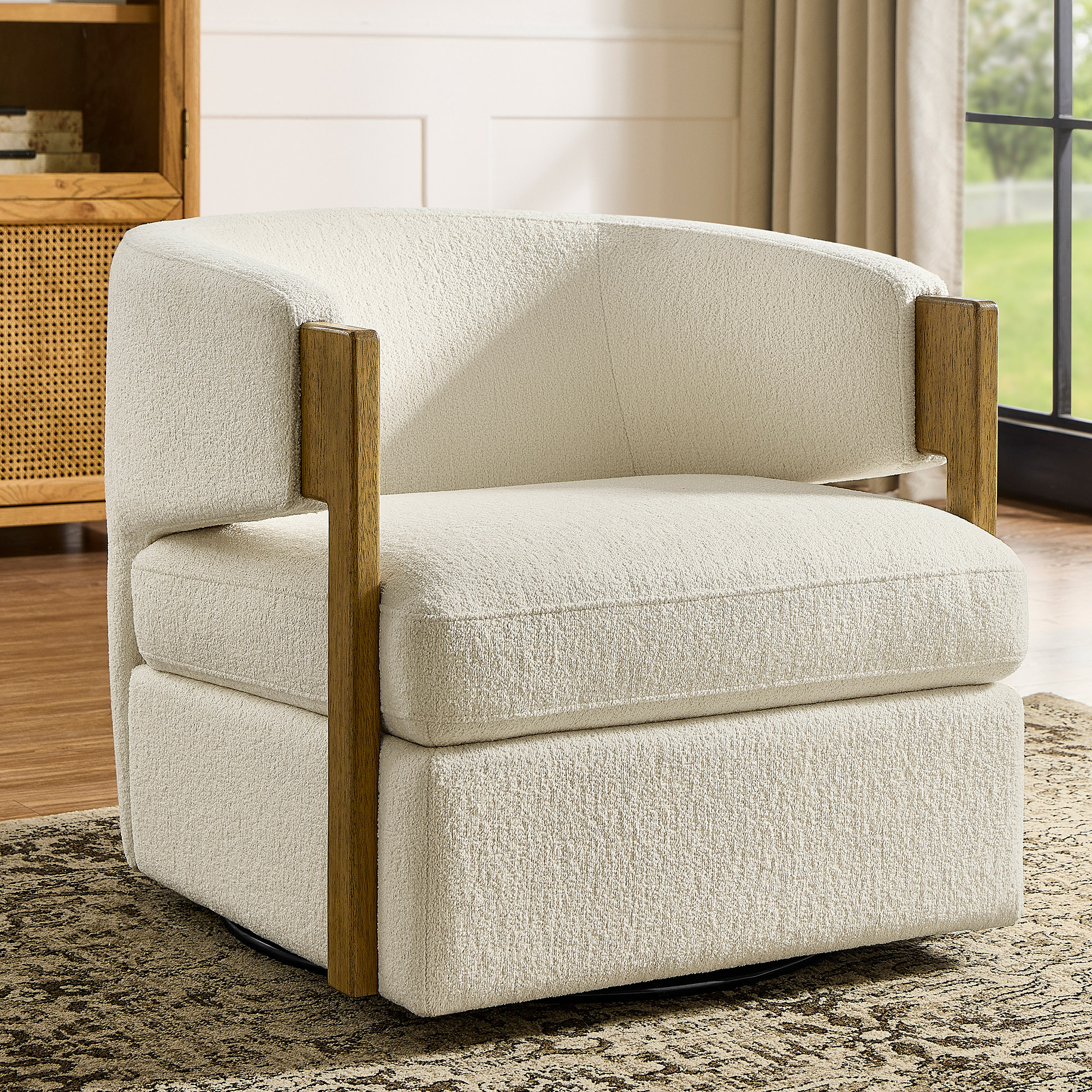 Henredon Wynn Fabric Swivel Chair with Wood Arms | Costco