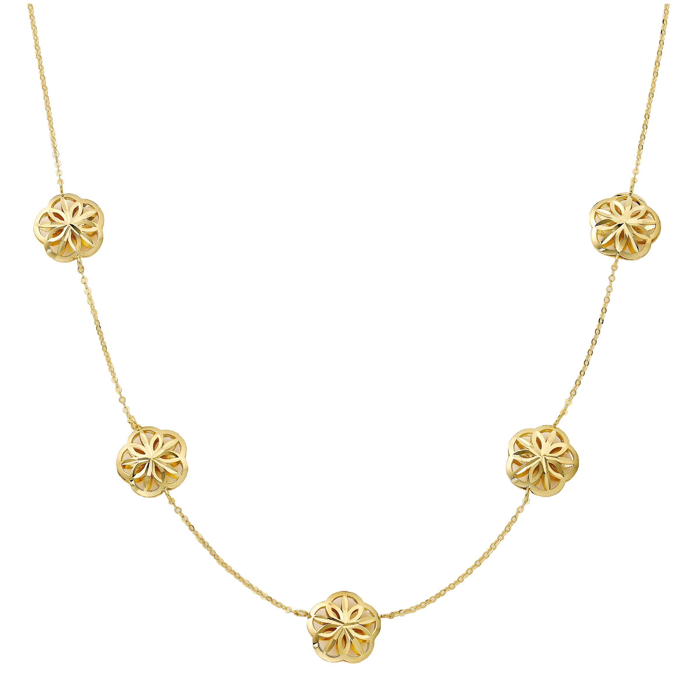 Diamond Cut Five Flower Station Necklace in Yellow Gold