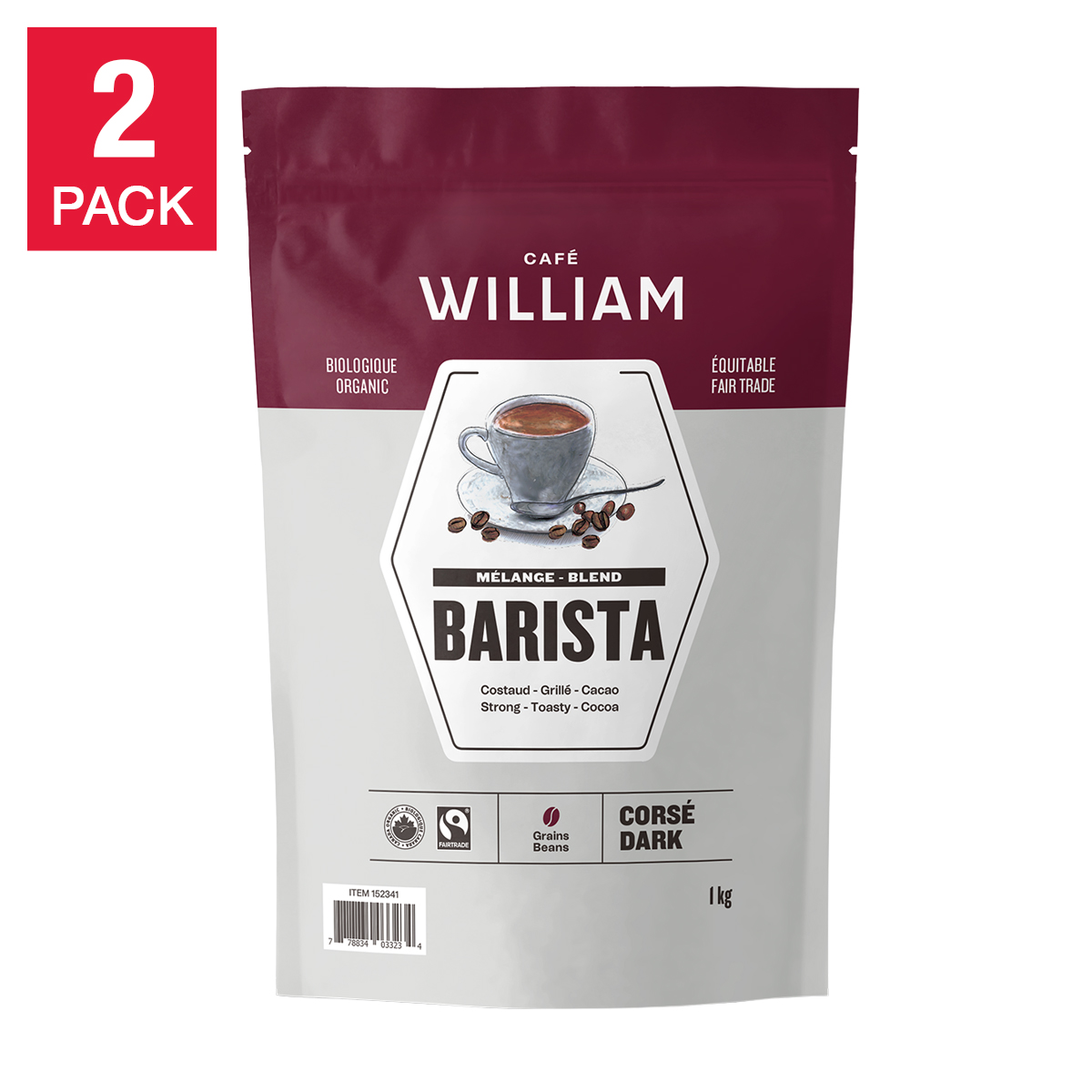 Café William Espresso Barista Dark Roast Fair Trade and Organic Whole Bean Coffee, 2 x 1 kg