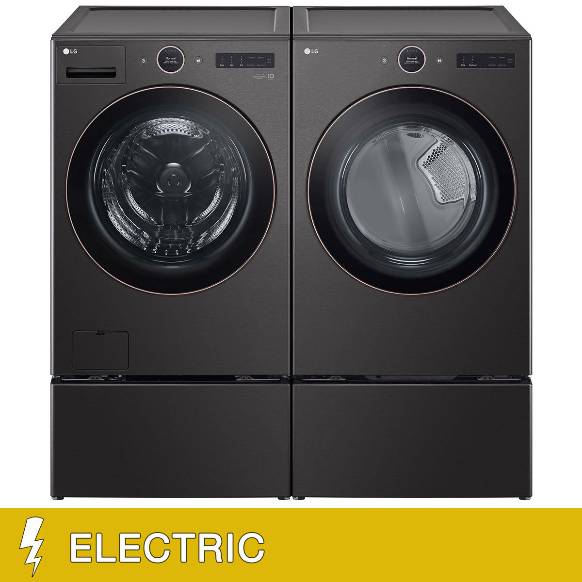 LG 5.0 cu. ft. Mega Capacity Smart Front Load Washer with TurboWash 360 and 7.4 cu. ft. ELECTRIC Dryer with AI Sensor Dry and TurboSteam with Storage Pedestals