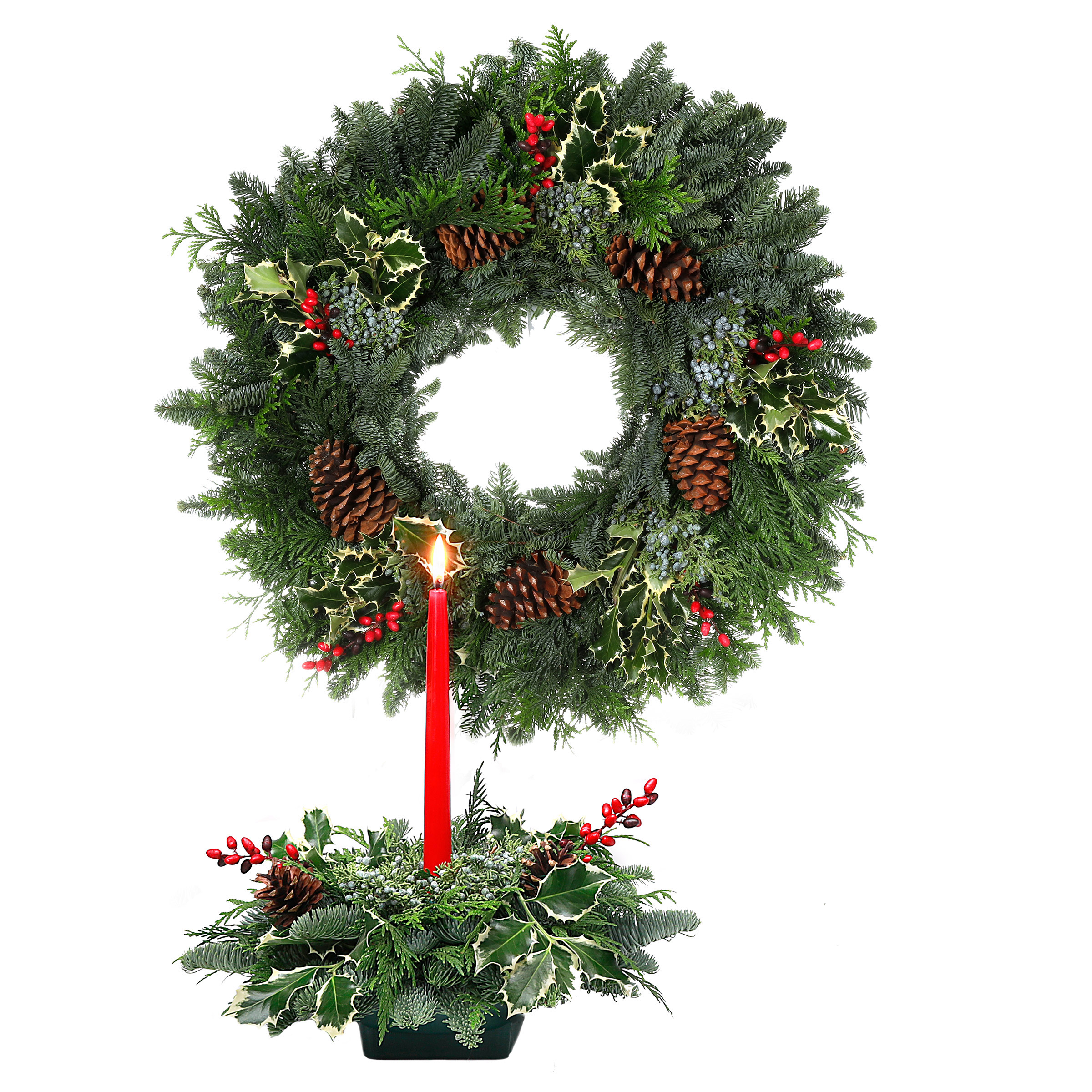 22" Fresh Holly Wreath & Centerpiece