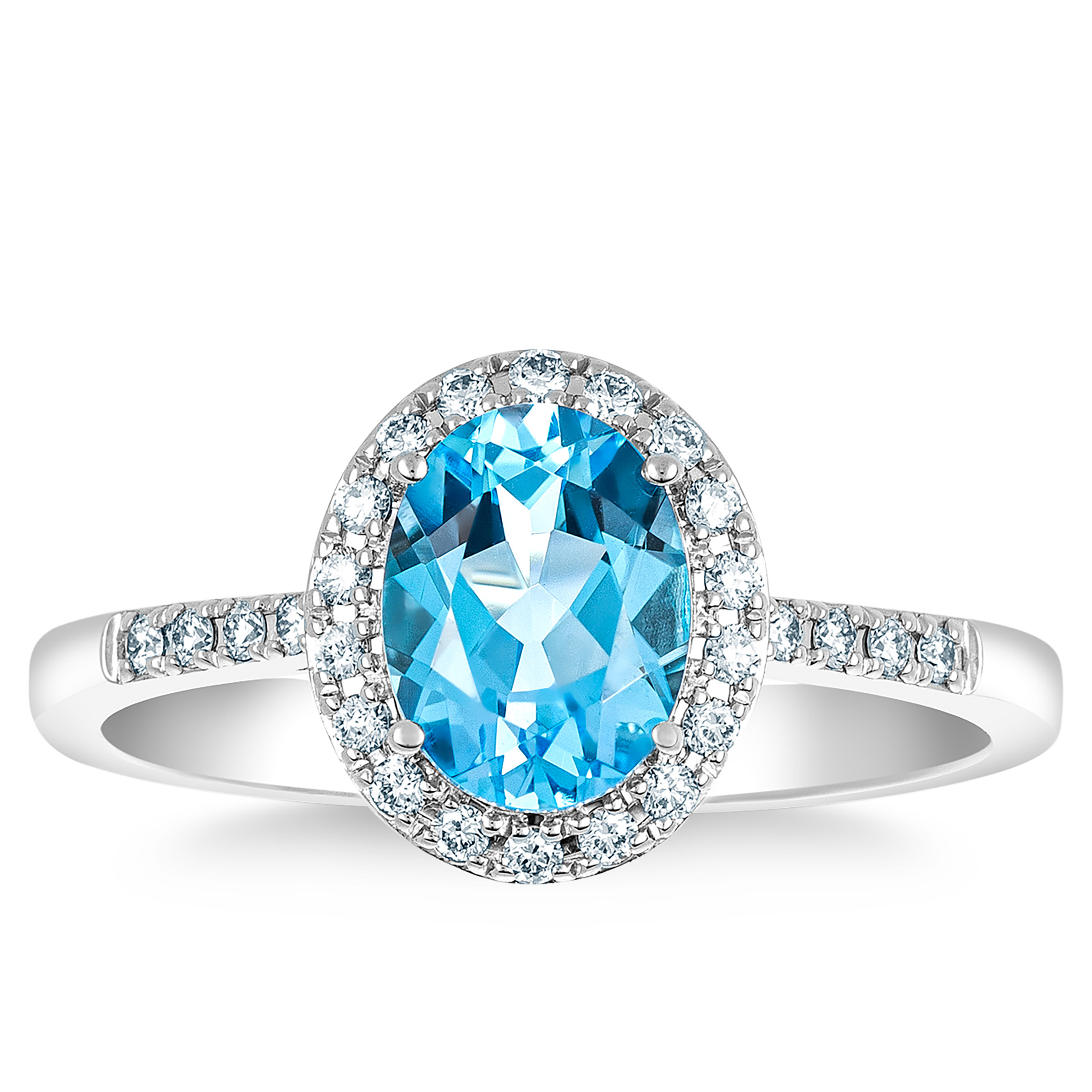 Oval Cut Blue Topaz and Diamond Ring in White Gold (0.15 ctw)
