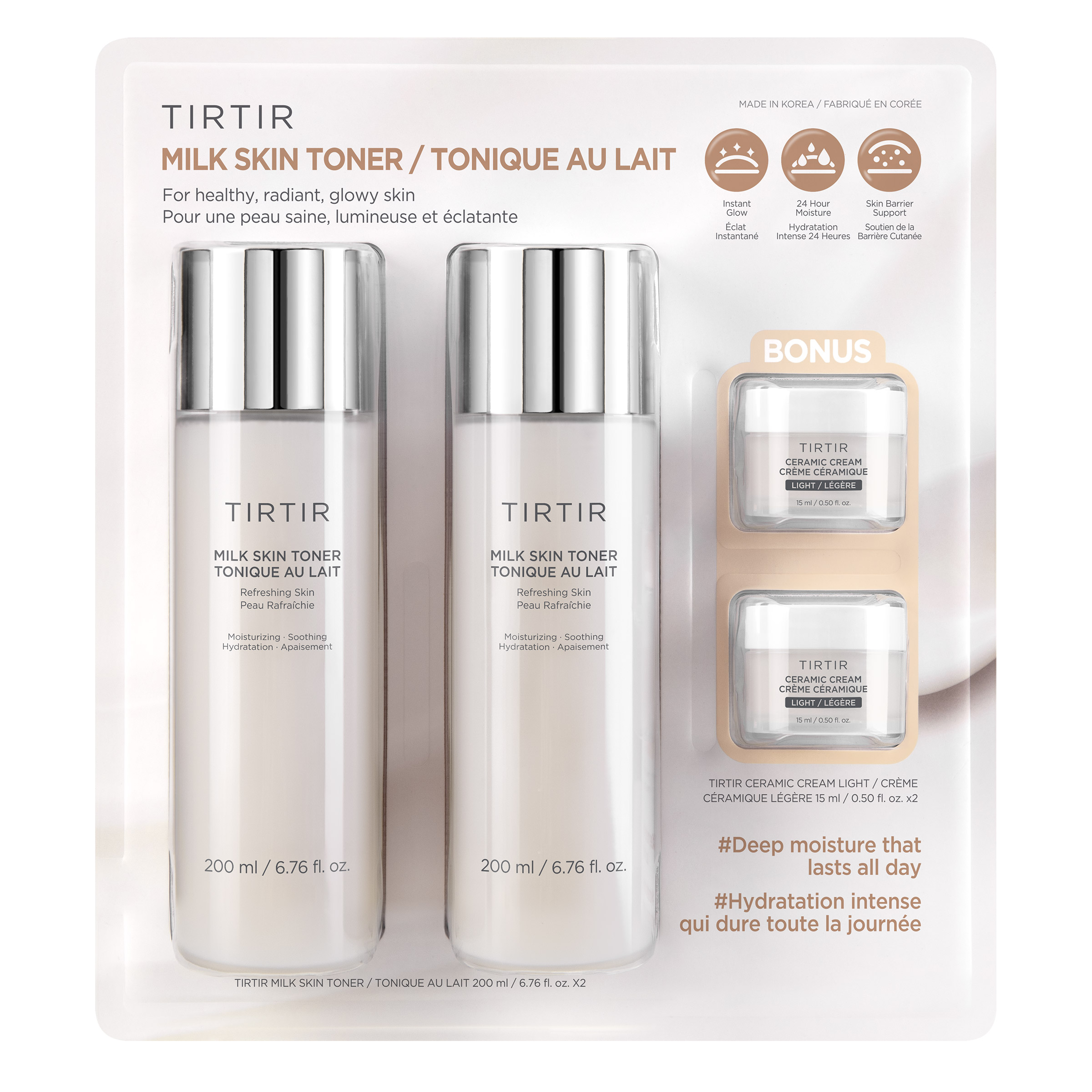 TIRTIR Milk Skin Toner and Ceramic Cream Light, 2 x 200 mL + 2 x 15 mL