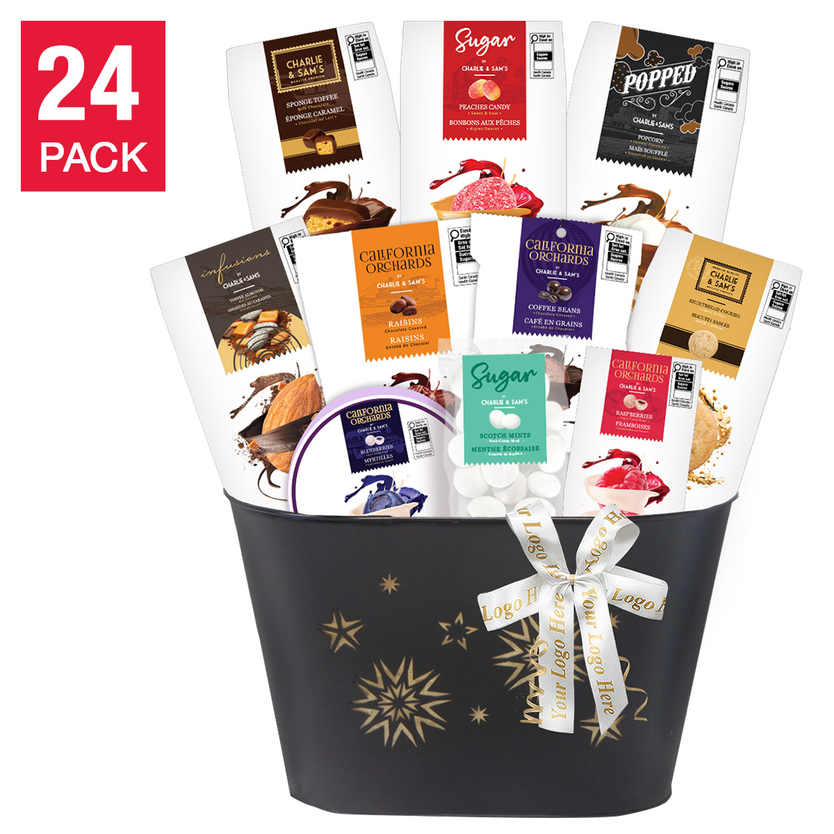 Charlie & Sam’s Iconic Indulgence Logo Ribbon Gift Basket, 24-pack