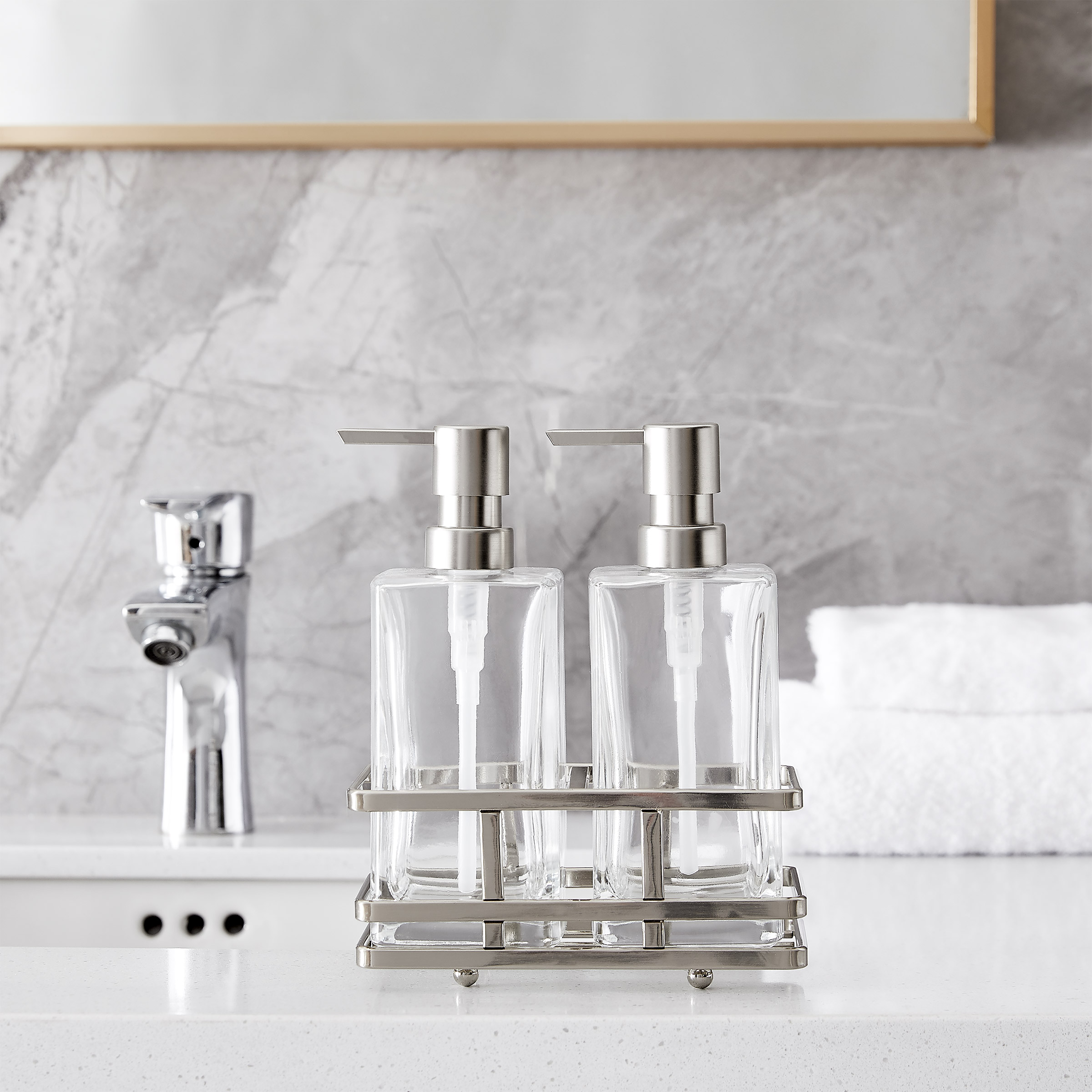 Home Decor 3-piece Glass Soap Dispenser Set with Metal Storage Caddy