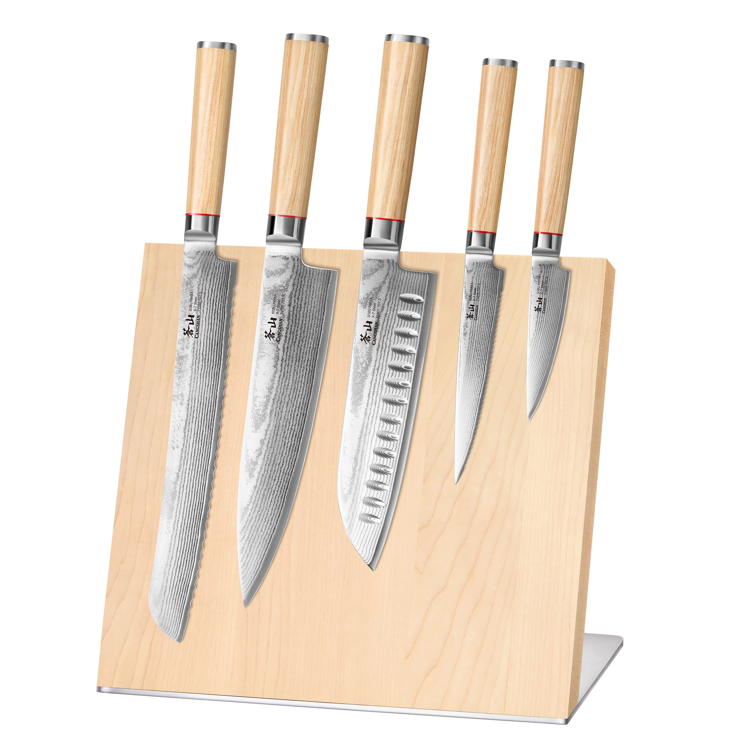 Cangshan Sobu Series 6-piece X-7 Damascus Steel Knife Block Set  Tan Pakka
