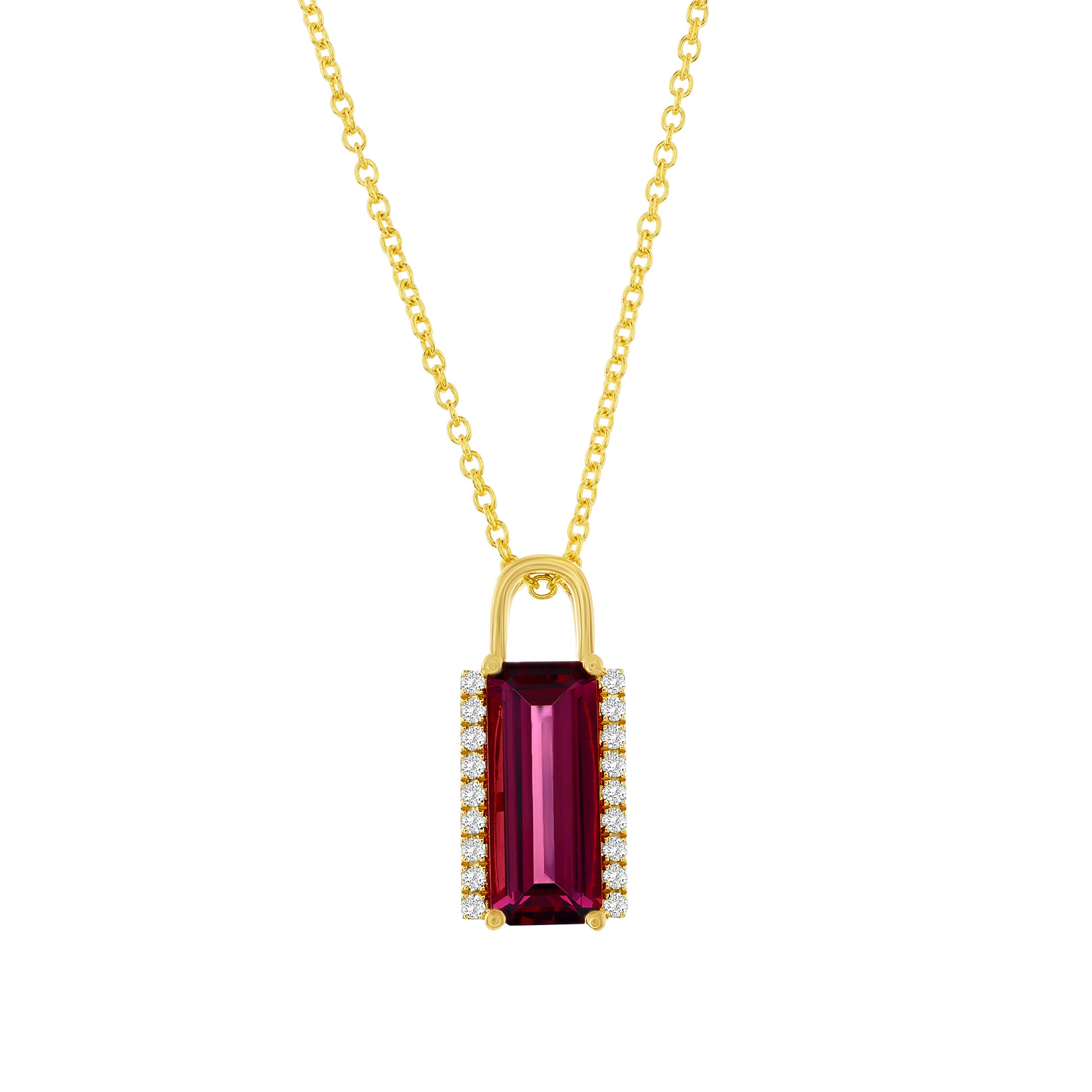 Emerald Shaped Rhodolite Garnet and Diamond Pendant (0.11 ctw)