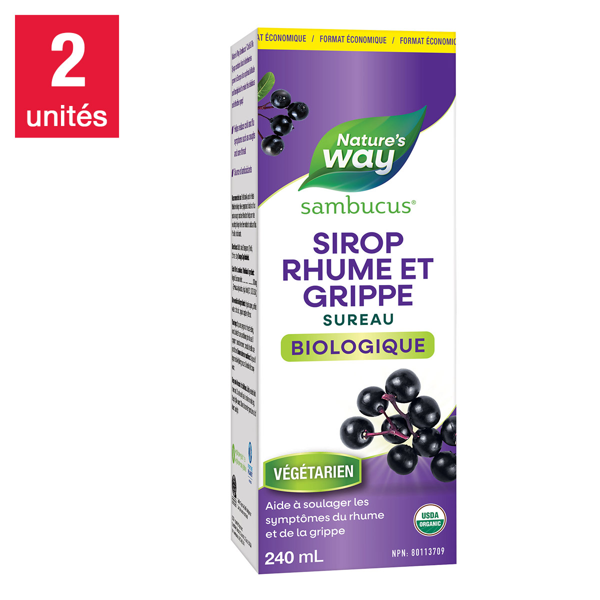 Sambucus - Sirop biologique pour soins antirhume et antigrippe de sureau, 2 bouteilles de 240 mL
