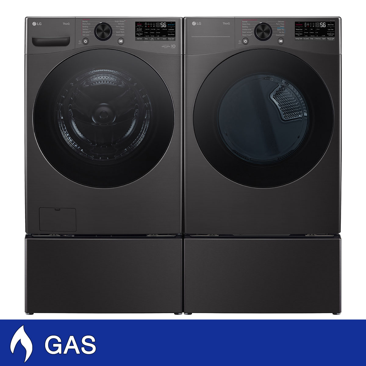 LG 4.5 cu. ft. Front Load Washer with TurboWash 360 and 7.4 cu. ft. GAS Dryer with TurboSteam and Built-In Intelligence with Washer and Storage Pedestal