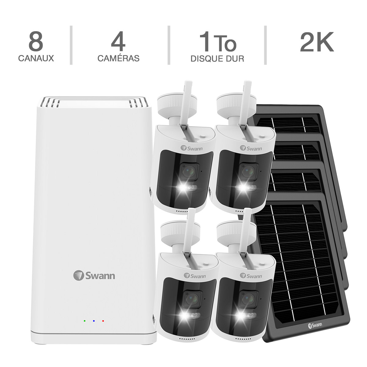 Swann - AllSecure650 8-canal 4-Cam 2K Wireless Security Kit avec batterie de sauvegarde et panneaux solaires à distance